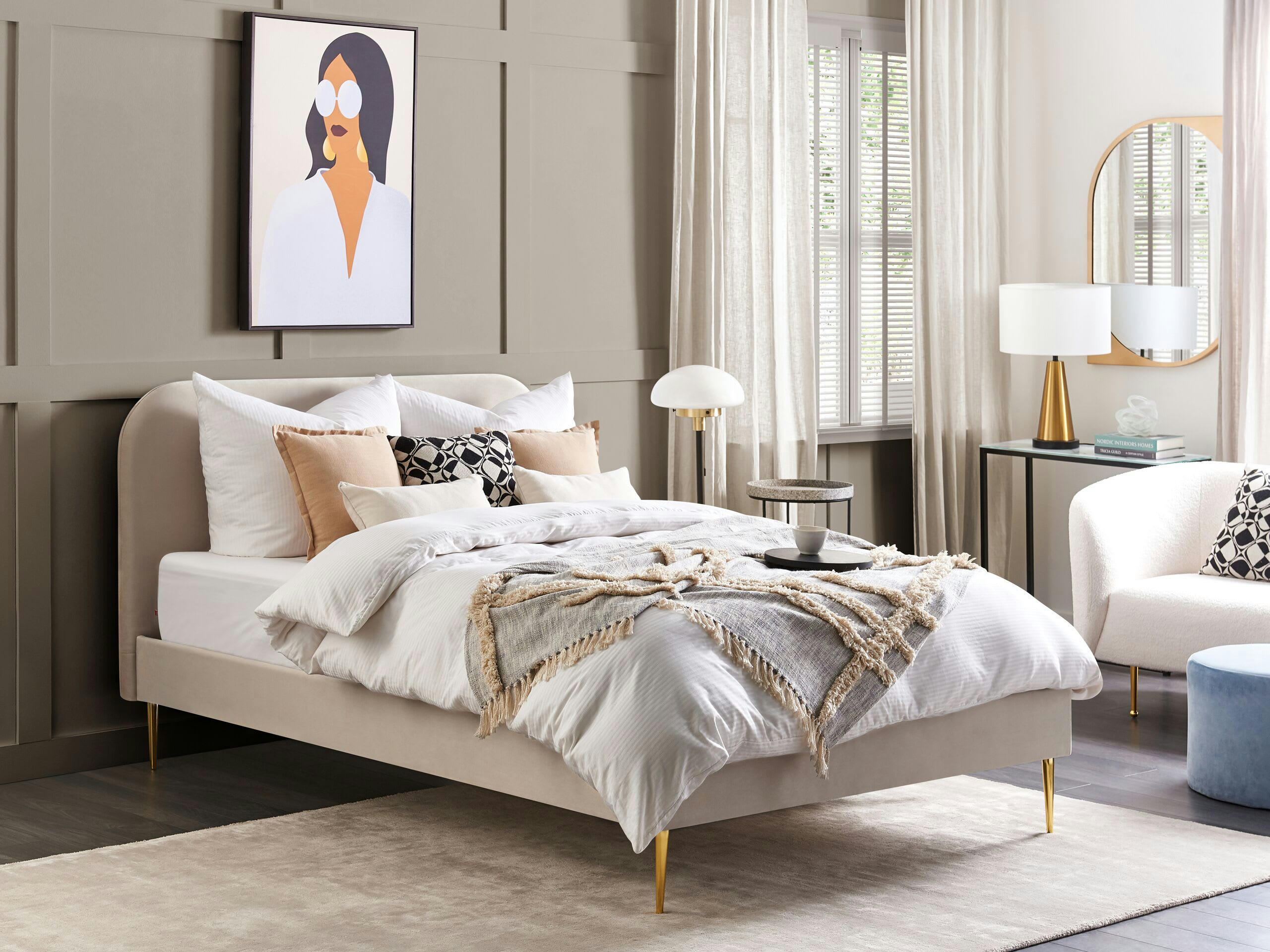 FLAYAT - Lit double en tissu beige 140x200
