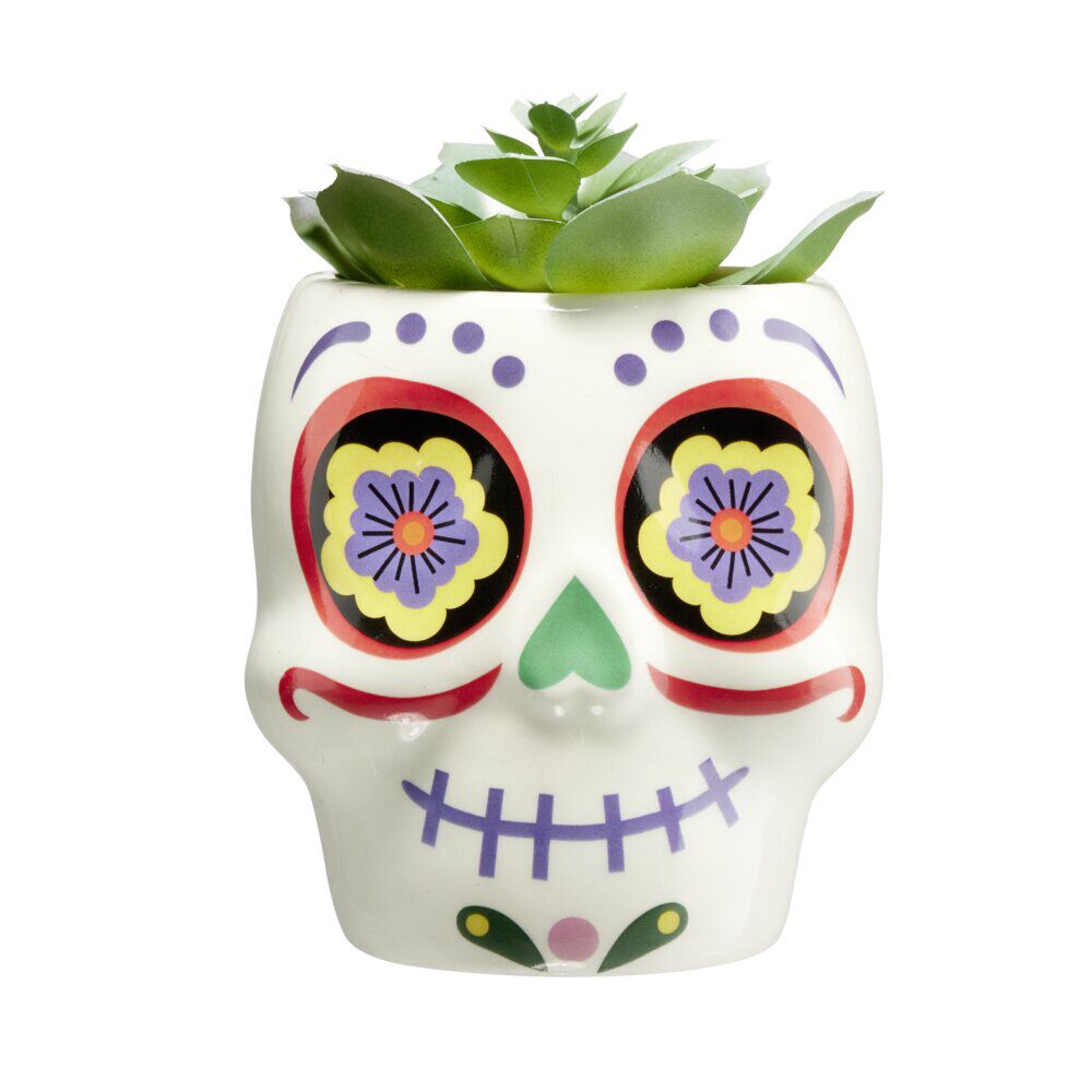 Plante verte artificielle Halloween Calavera pot céramique blanc Ø8xH12cm (2 modèles)