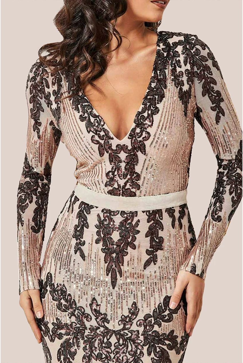 Goddiva Long Sleeve Sequin Evening Maxi Dress