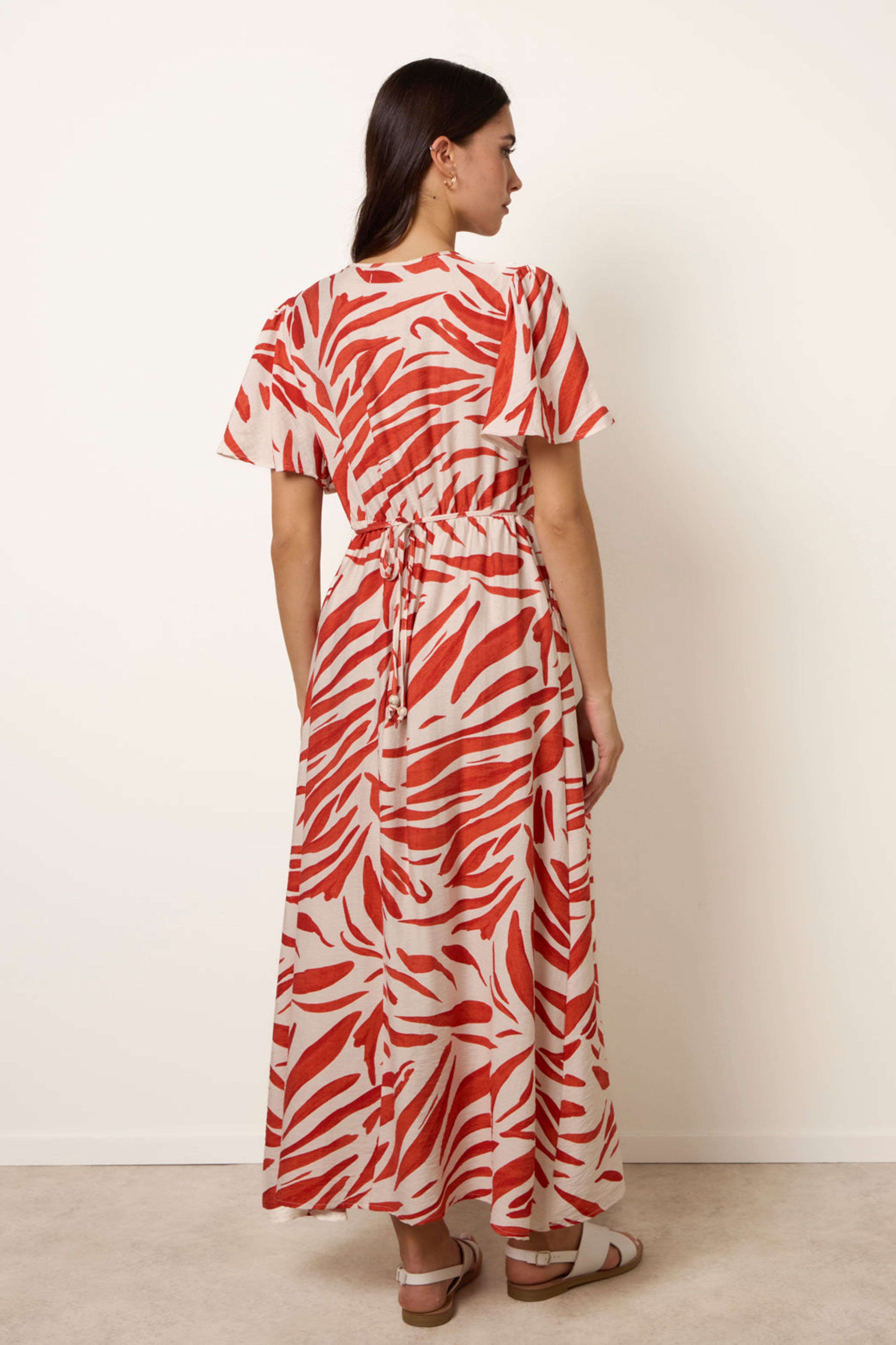 Blue Vanilla Orange Dress With Brushstroke Leaf Print