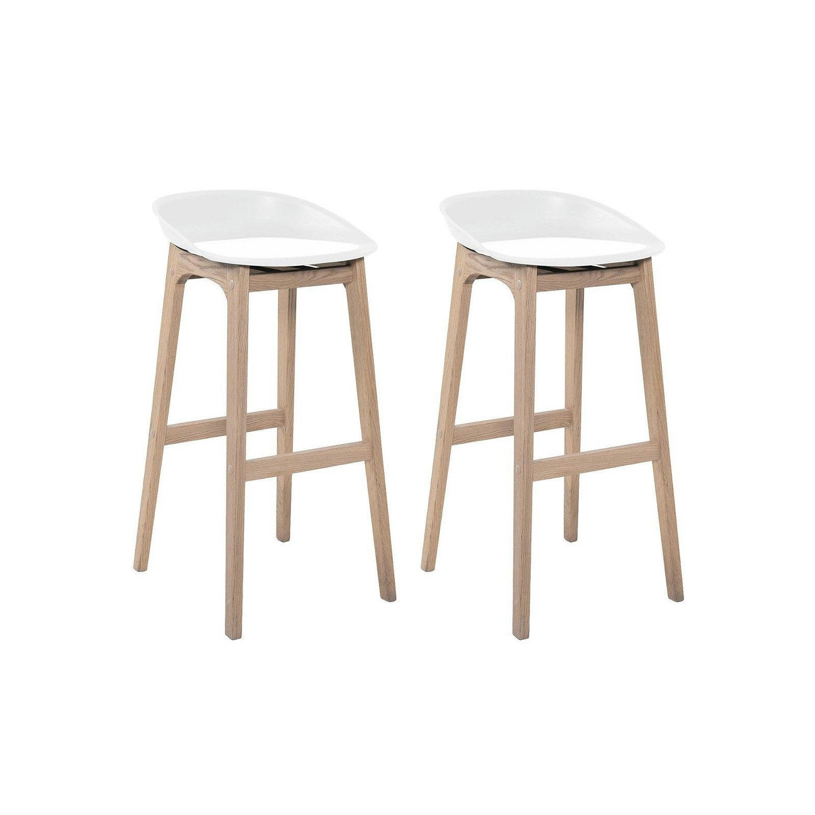 RIVA - Tabourets d'ilot 75cm  pieds chêne assise plastique blanche - Lot de 2