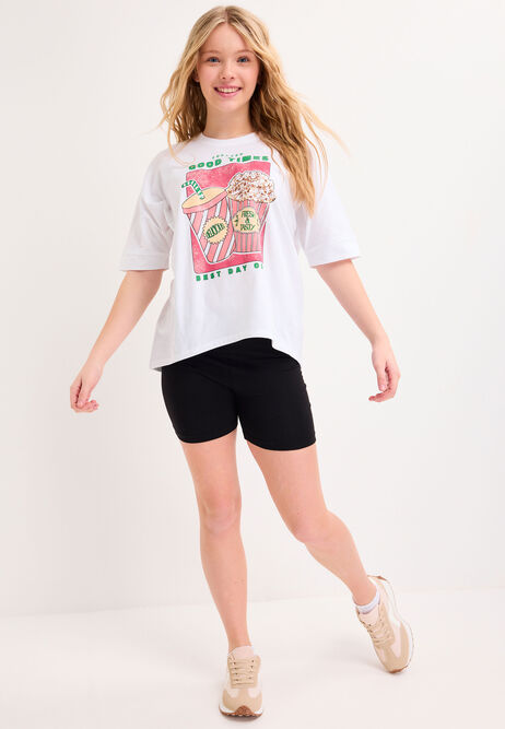 Older Girls White Popcorn Curve Hem T-Shirt