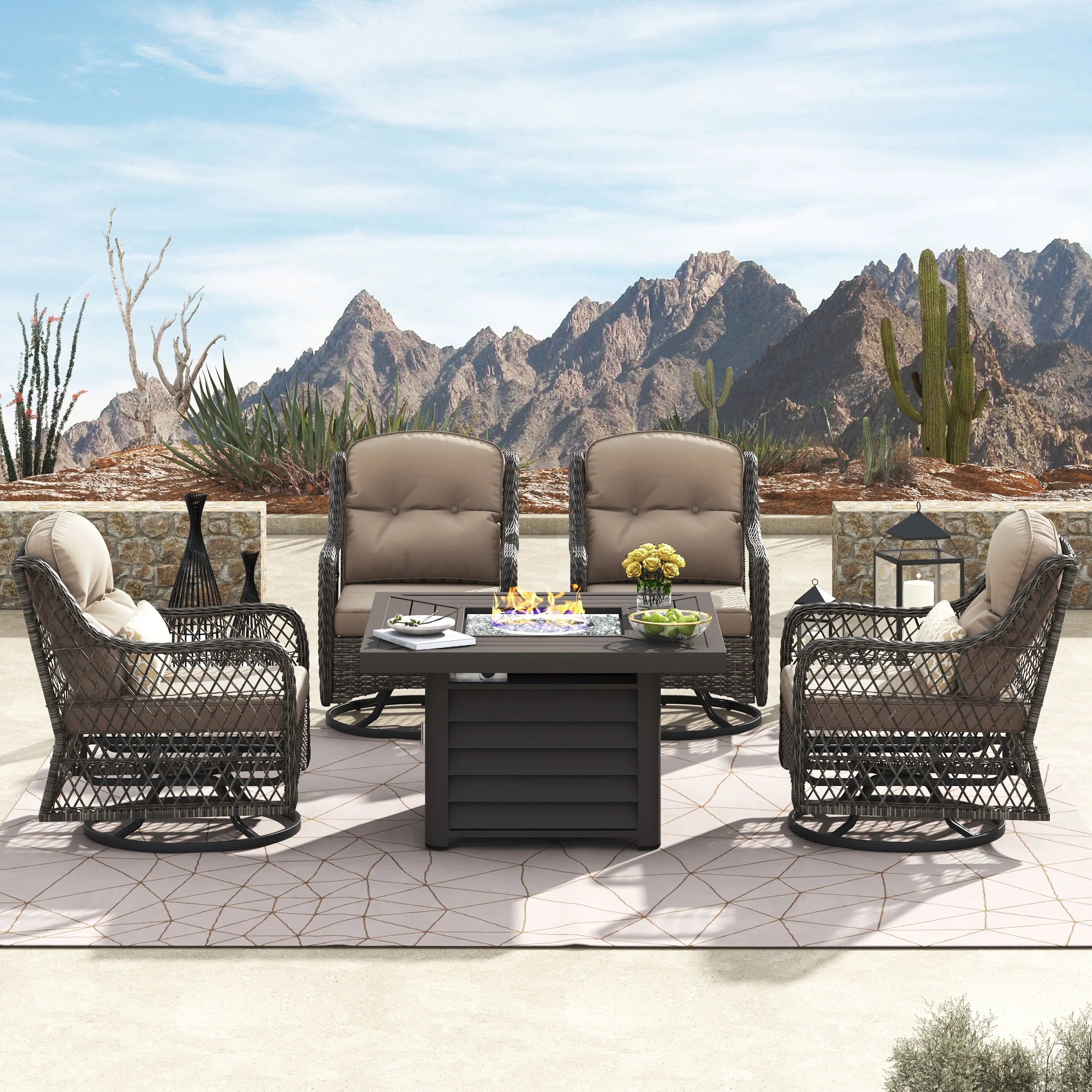 Corvus Vasconia 5pc Outdoor Resin Wicker Swivel Chat Set with Fire table
