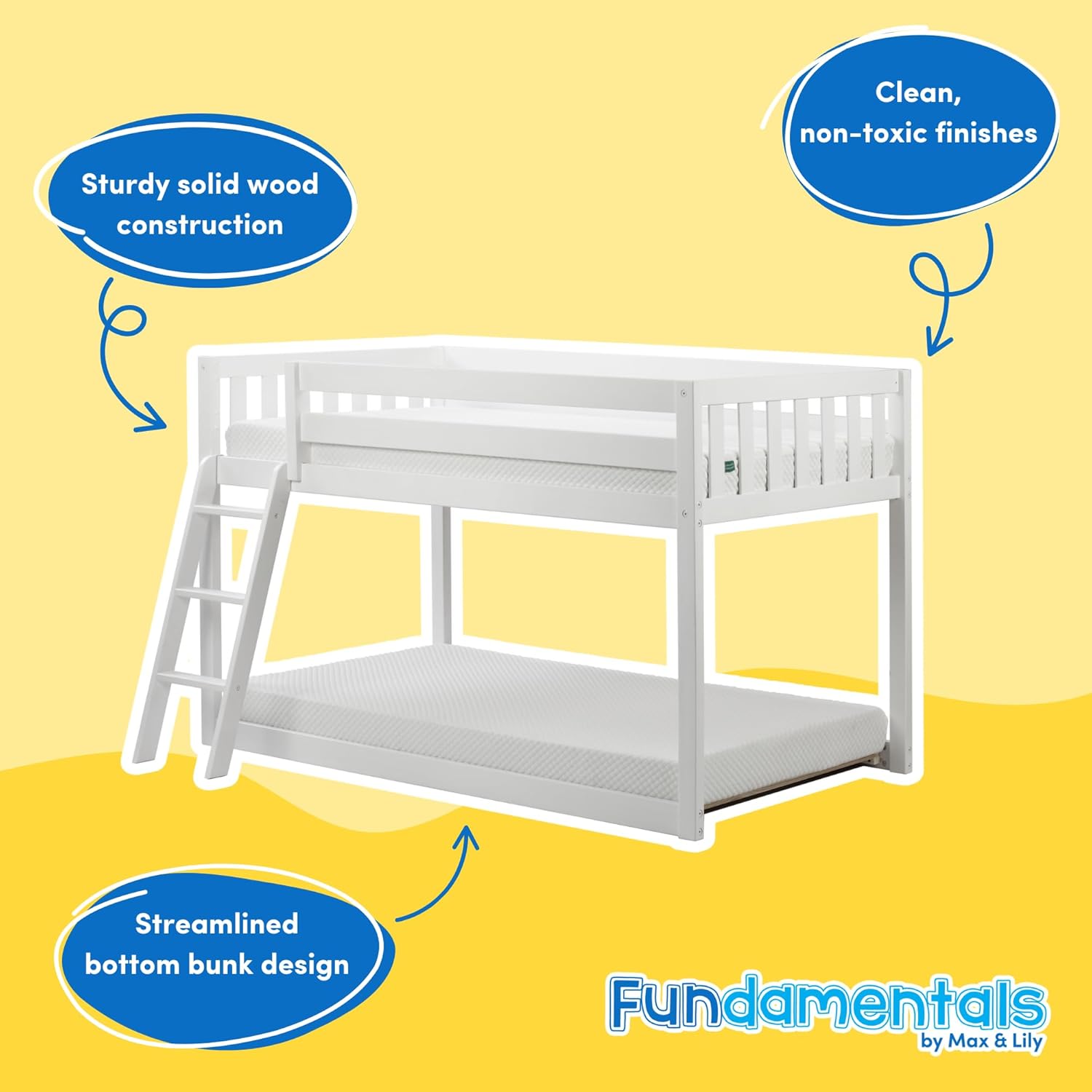 Max & Lily Fundamental Twin Low Bunk Bed, Kids Solid Wood Modern Bed Frame with Strong Wooden Slats, Non-Toxic Finishes, High Weight Capacity, White