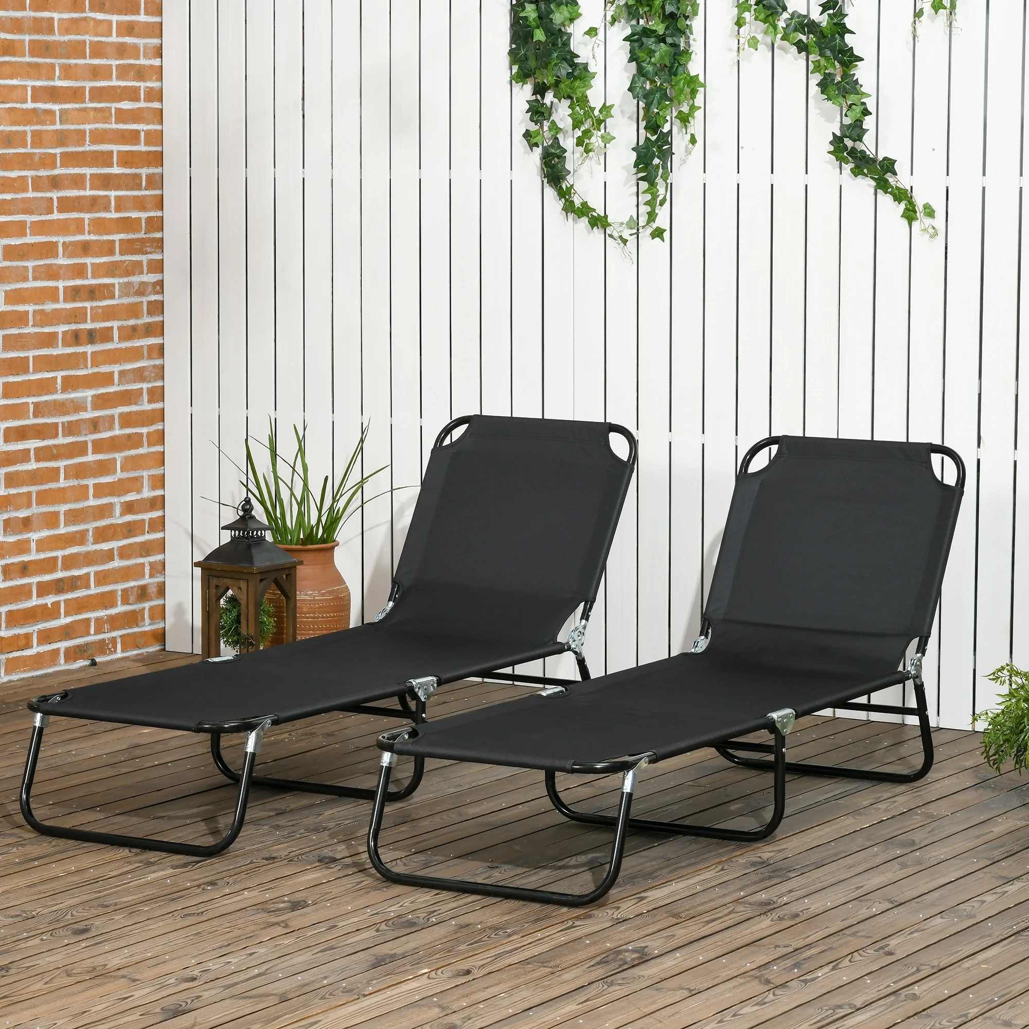 2 Piece Outdoor Folding Chaise Lounge Chairs with 5-Position Reclining Backrest for Beach Patio Poolside