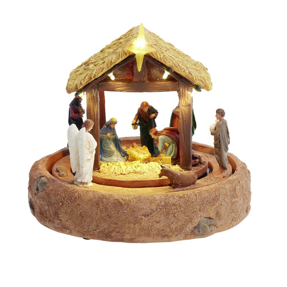 Crèche de No&euml;l à poser lumineuse musicale animée rotation 360° Ø19xH17,5cm