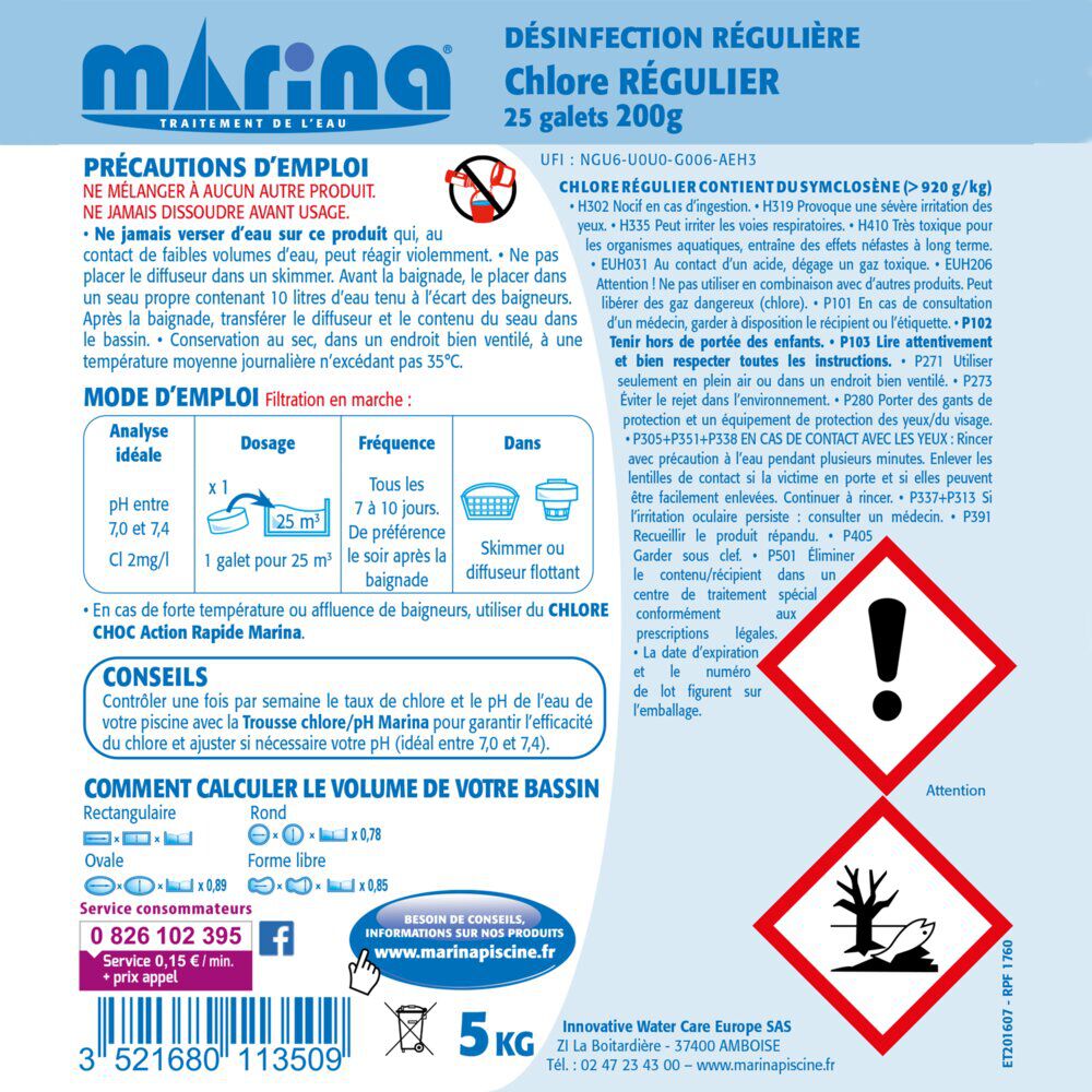 Chlore régulier galet 25x200g Marina 5kg