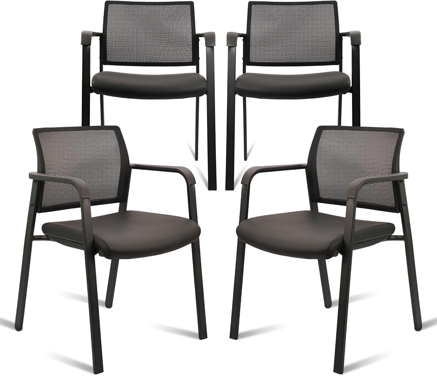 CLATINA Stackable Office Chair, Mesh Back Guest Chairs with Comfortable Leather Seat Arms Stacking Ergonomic Desk Chair No Wheels for Conference Waiting Reception School Stationary, Set of 4, Black