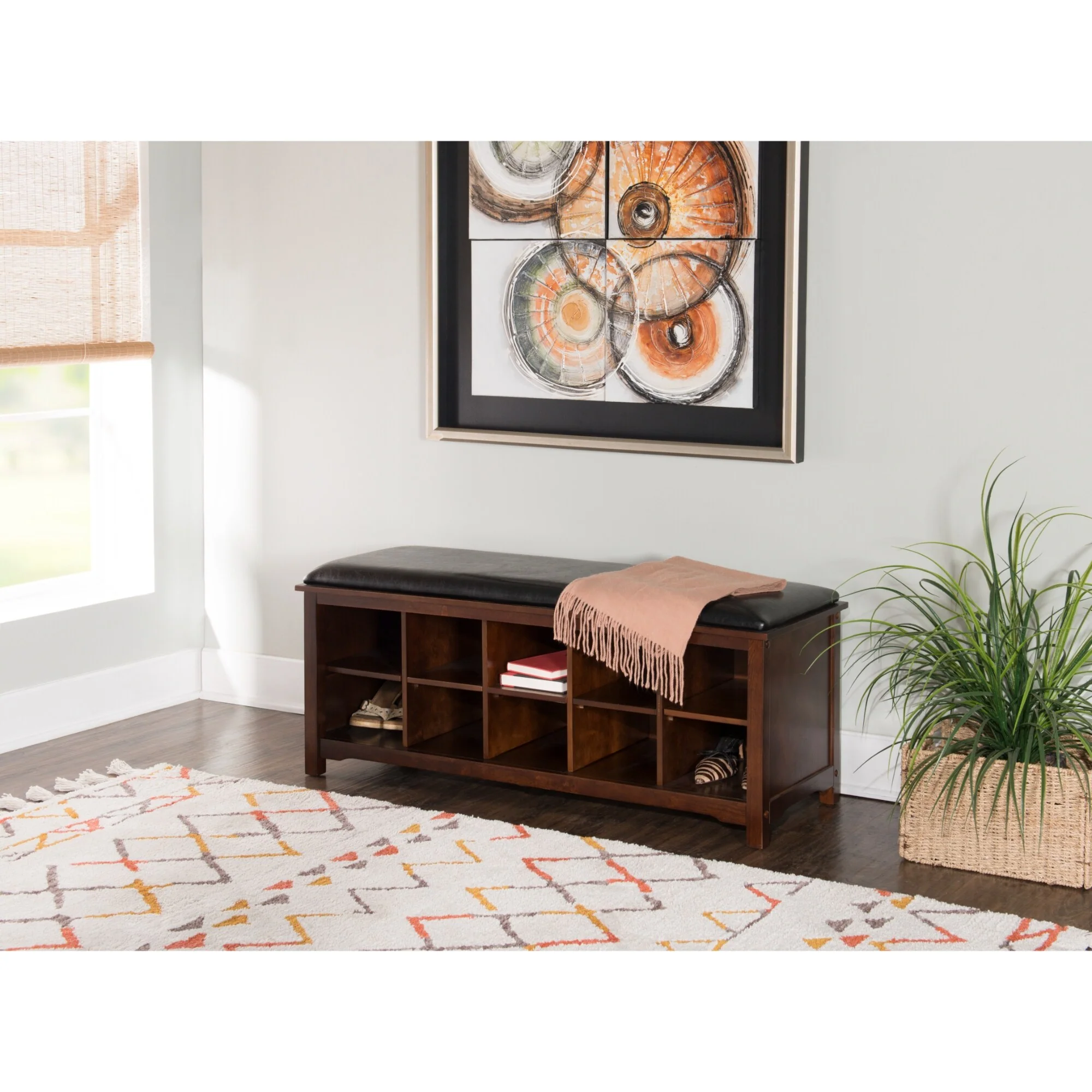 Upholstered Bench with Ten Storage Cubes - 45 - Brown