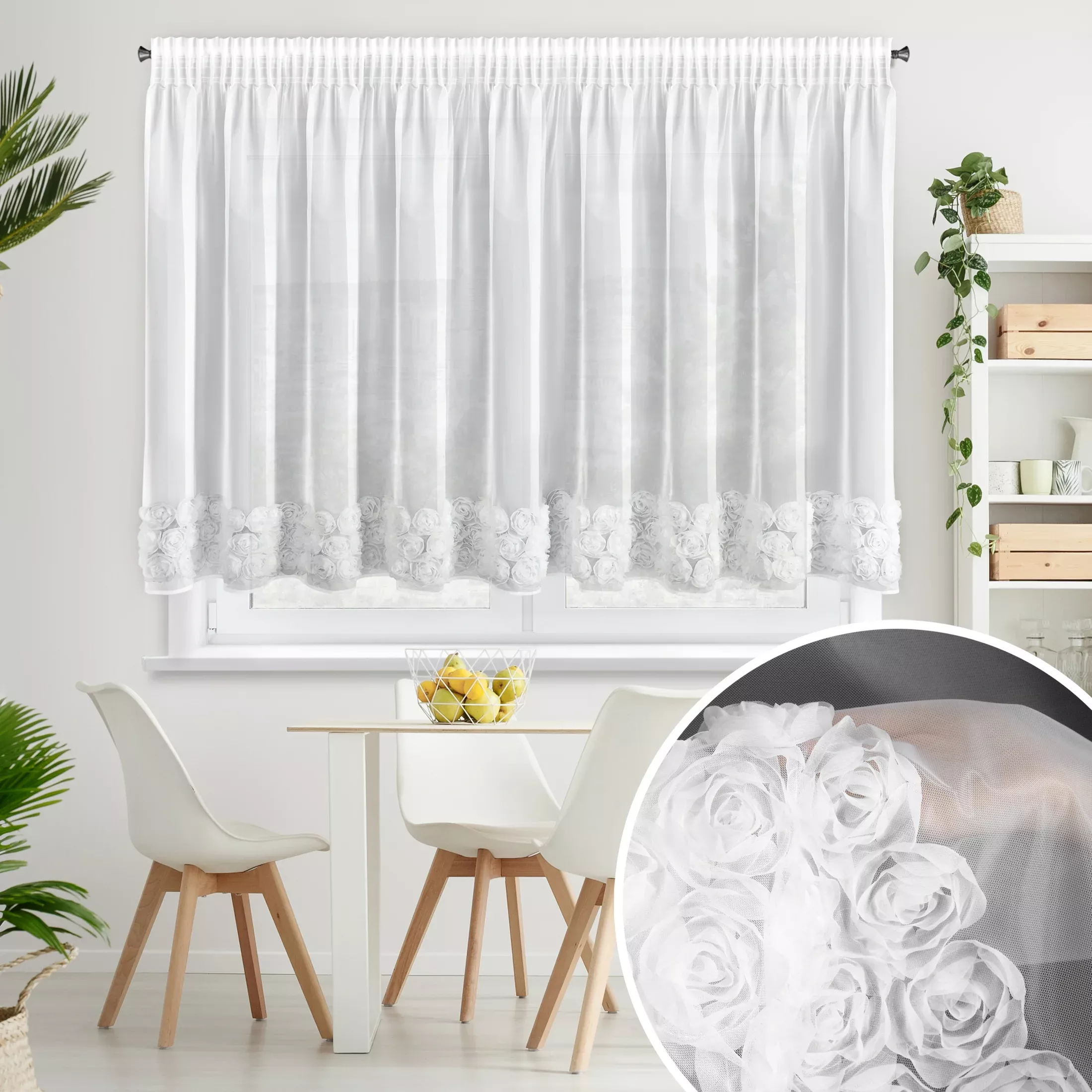Firana biała z siateczki zdobiona aplikacją 3D w róże 350x160 cm taśma - ROSES4 - Eva Minge
