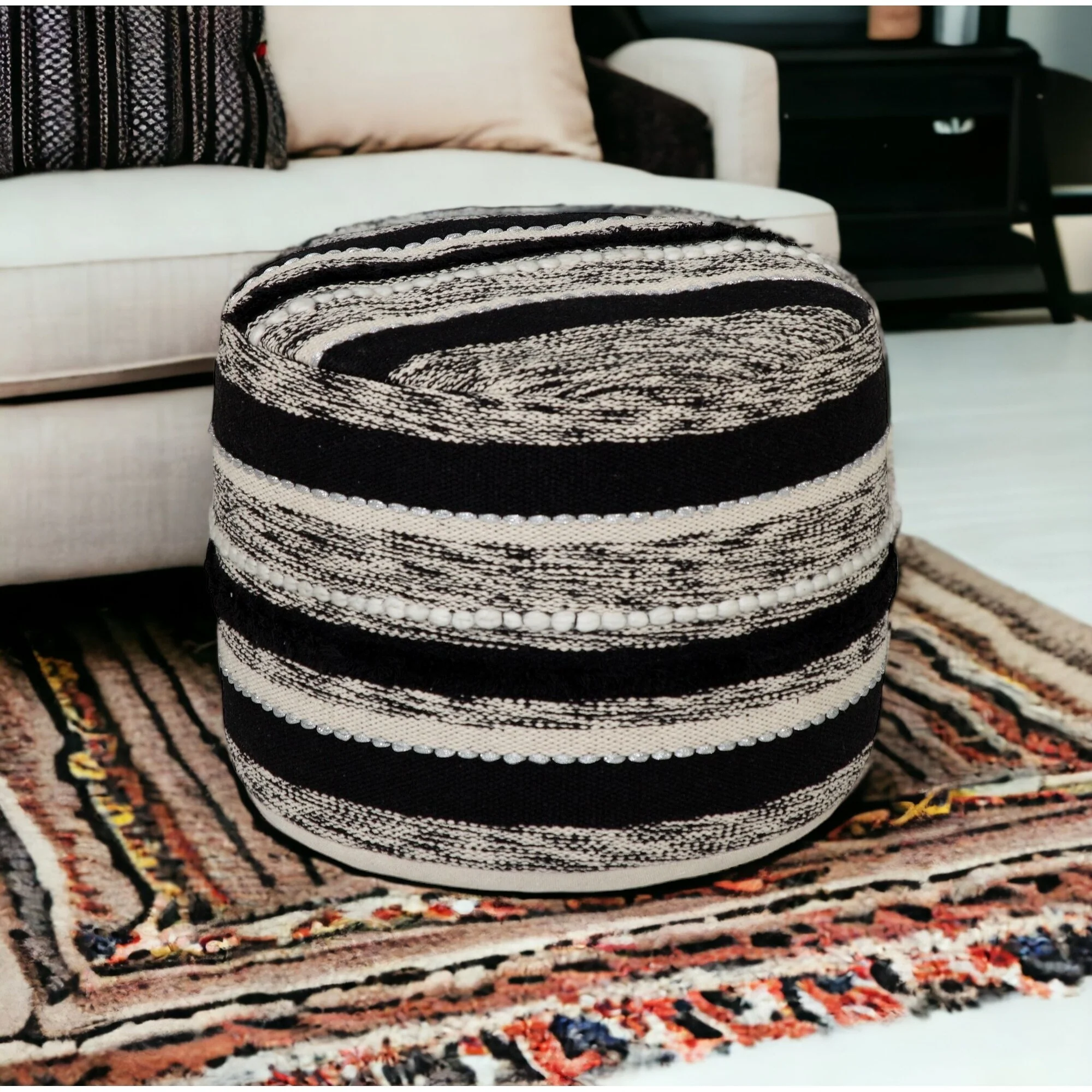 Contemporary Cotton Pouf Ottoman 18 Striped Design Sturdy and Lightweight for Living Room