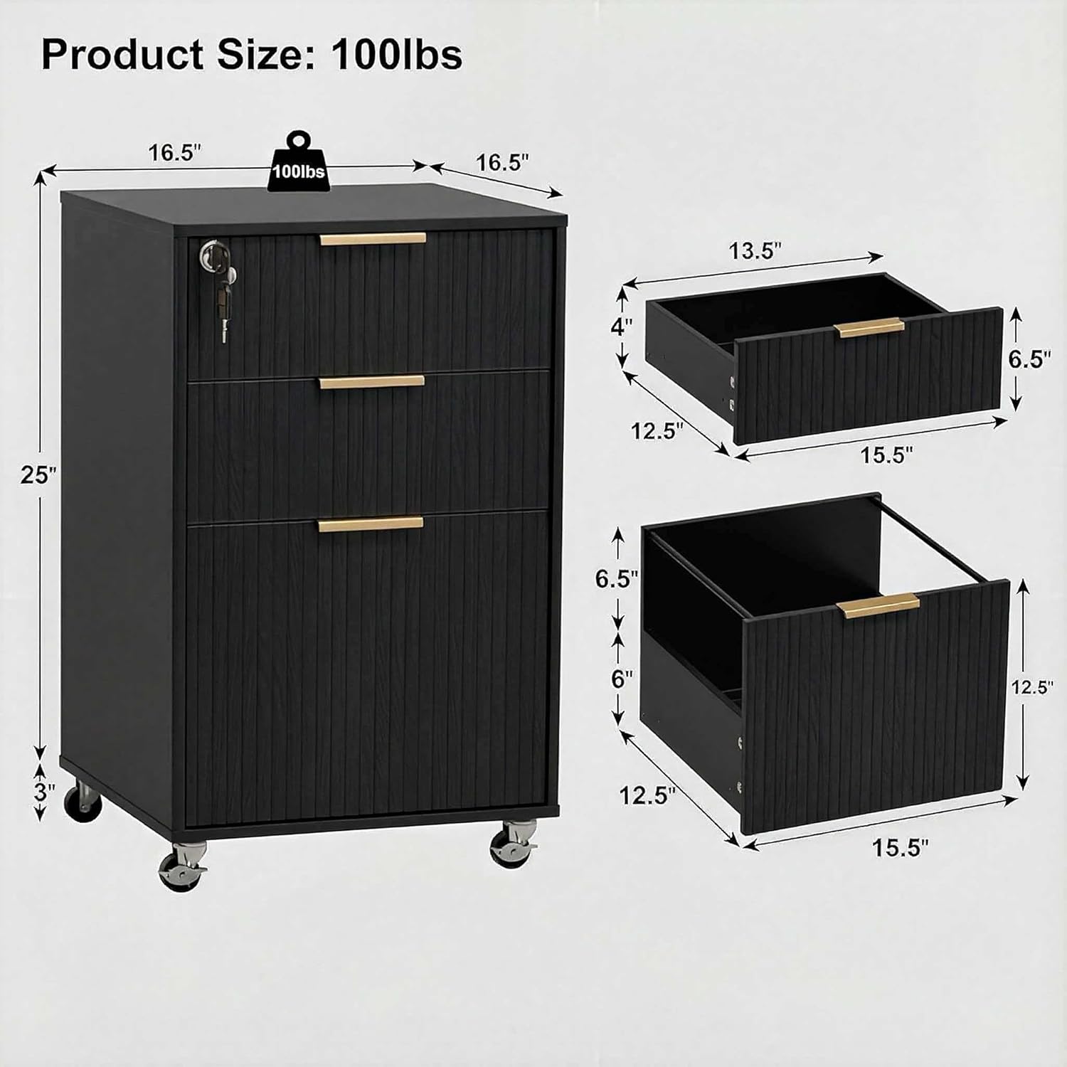 INNOD 3 Drawer Fluted Mobile File Cabinet with Lock, Rolling File Cabinet, Under Desk Wooden Filing Cabinets for Home Office (Black)