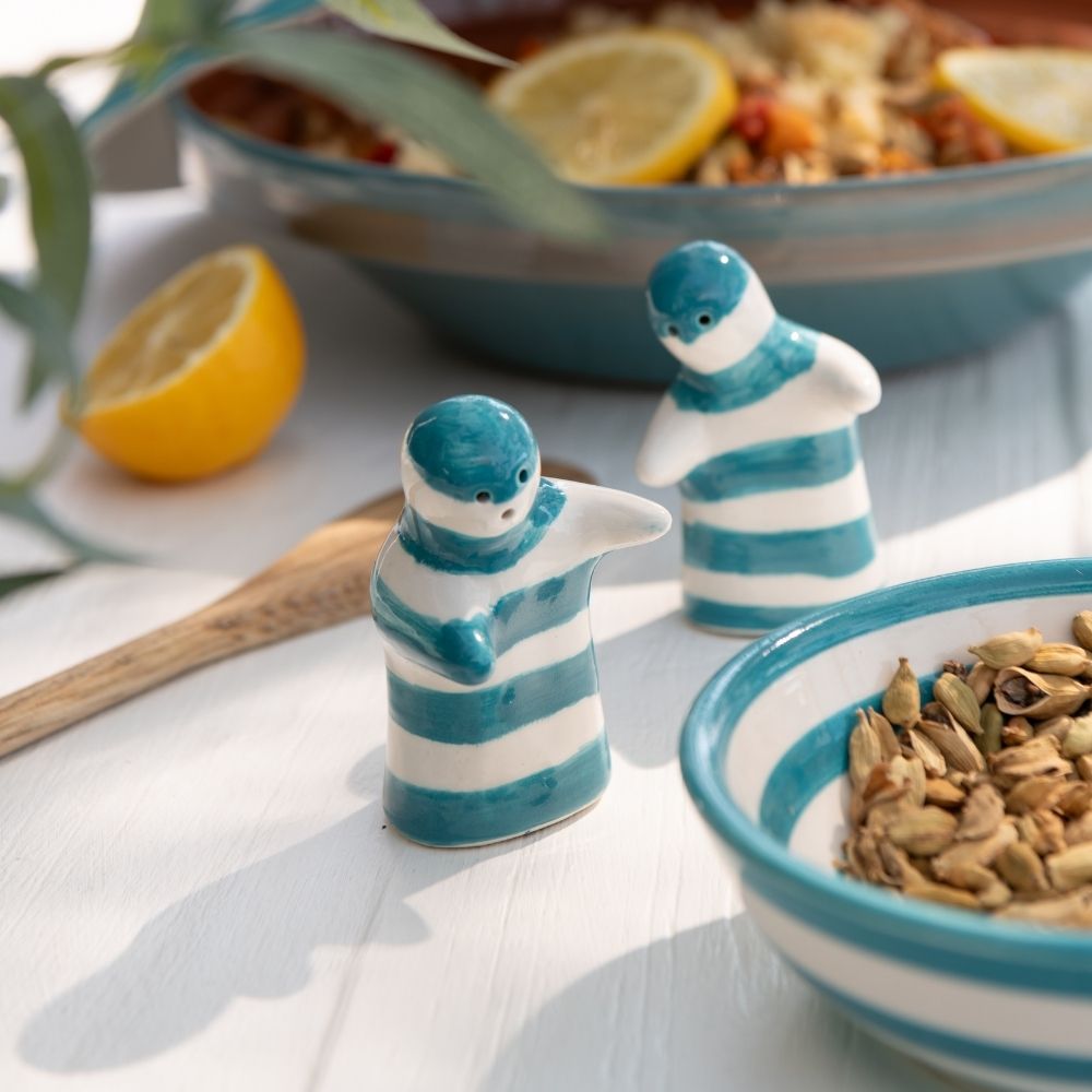 J-Line peper- en zoutmolen set Granada Stripes - keramiek - wit/aqua