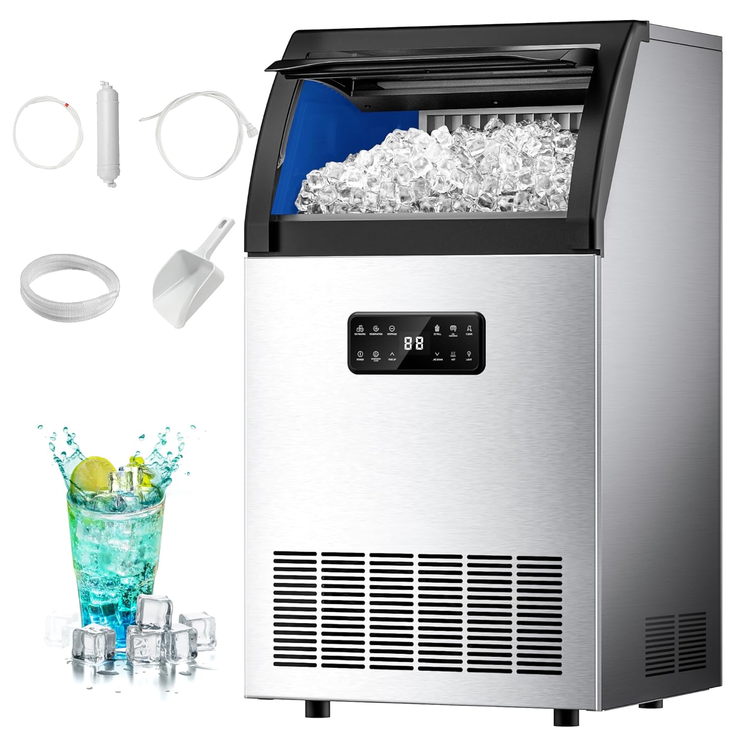 EUHOMY Commercial Ice Maker,120lbs/24H,Stainless Steel Under Counter Ice Machine with Water Filter,33lbs Storage Bin, 45 Cubes in 8-12 Mins, Freestanding Ice Cube Maker for Home/Bar/Cafe/Restaurant