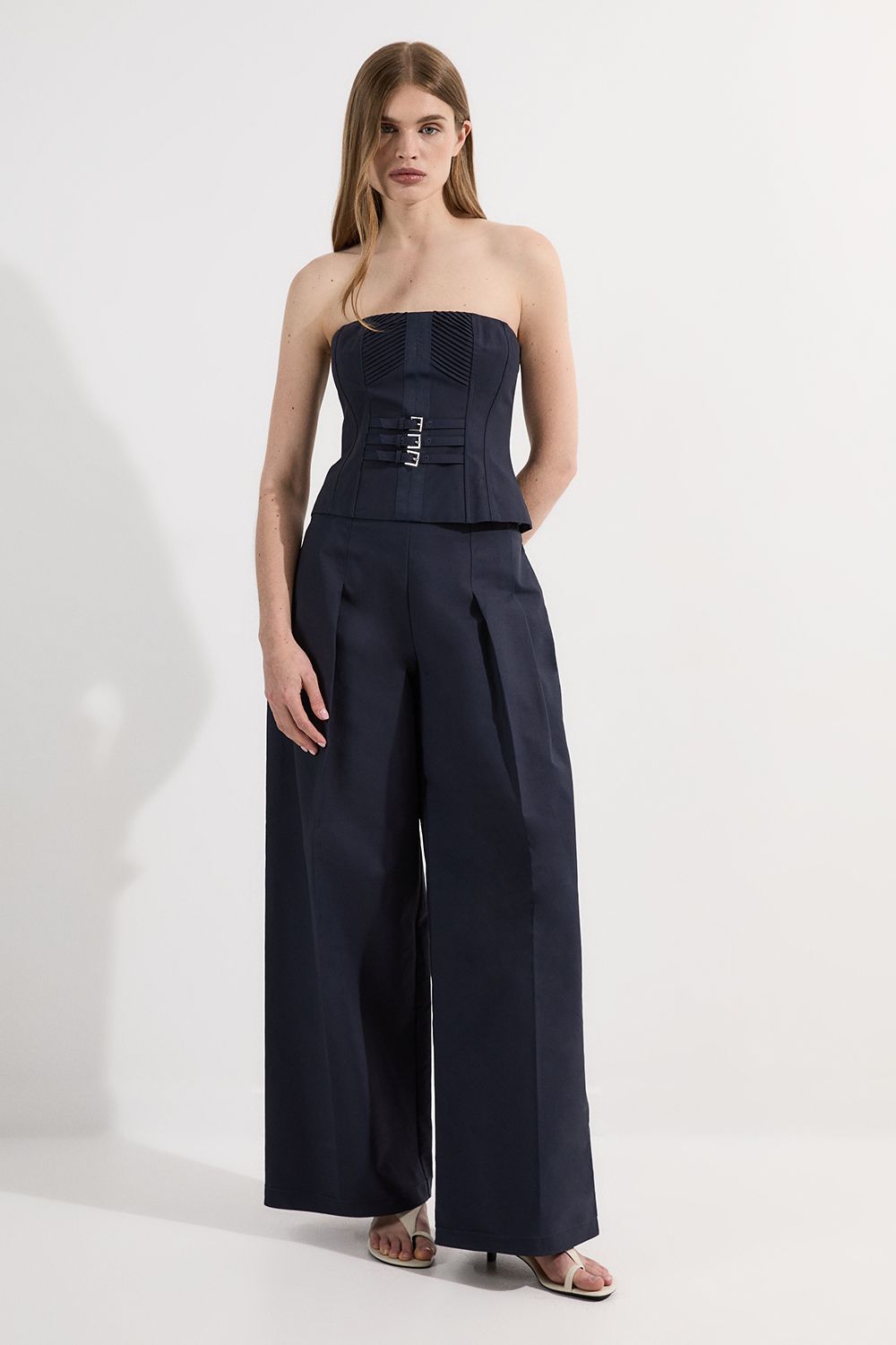KarenMillen Archive Collection - Tailored Cotton Pintuck Grosgrain Belted Corset