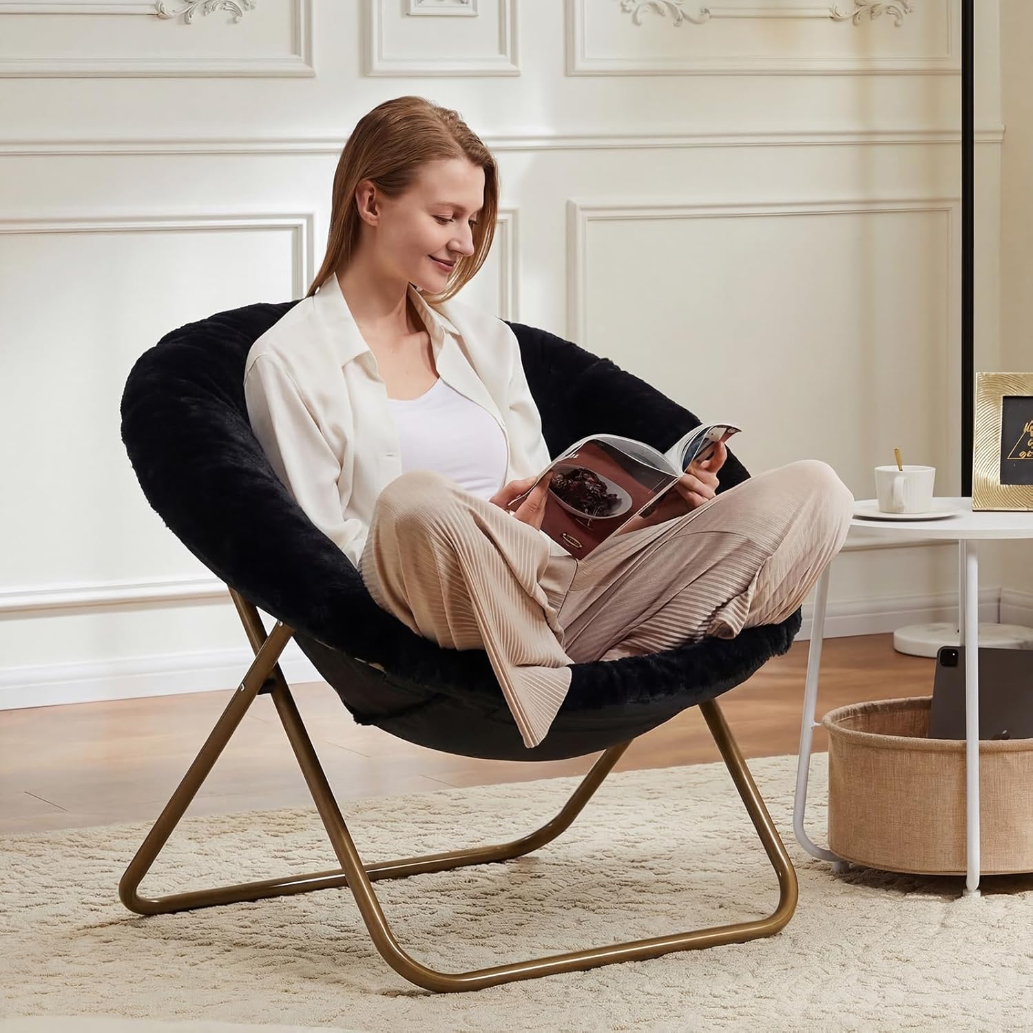 DUMOS Comfy Saucer Chairs Cozy Faux Fur Soft Lounge Cute Folding Bedroom Living Room Seat Flexible Reading Foldable Seating for Kids Adults Thick Padded Metal Frame Modern for Home Office, Black