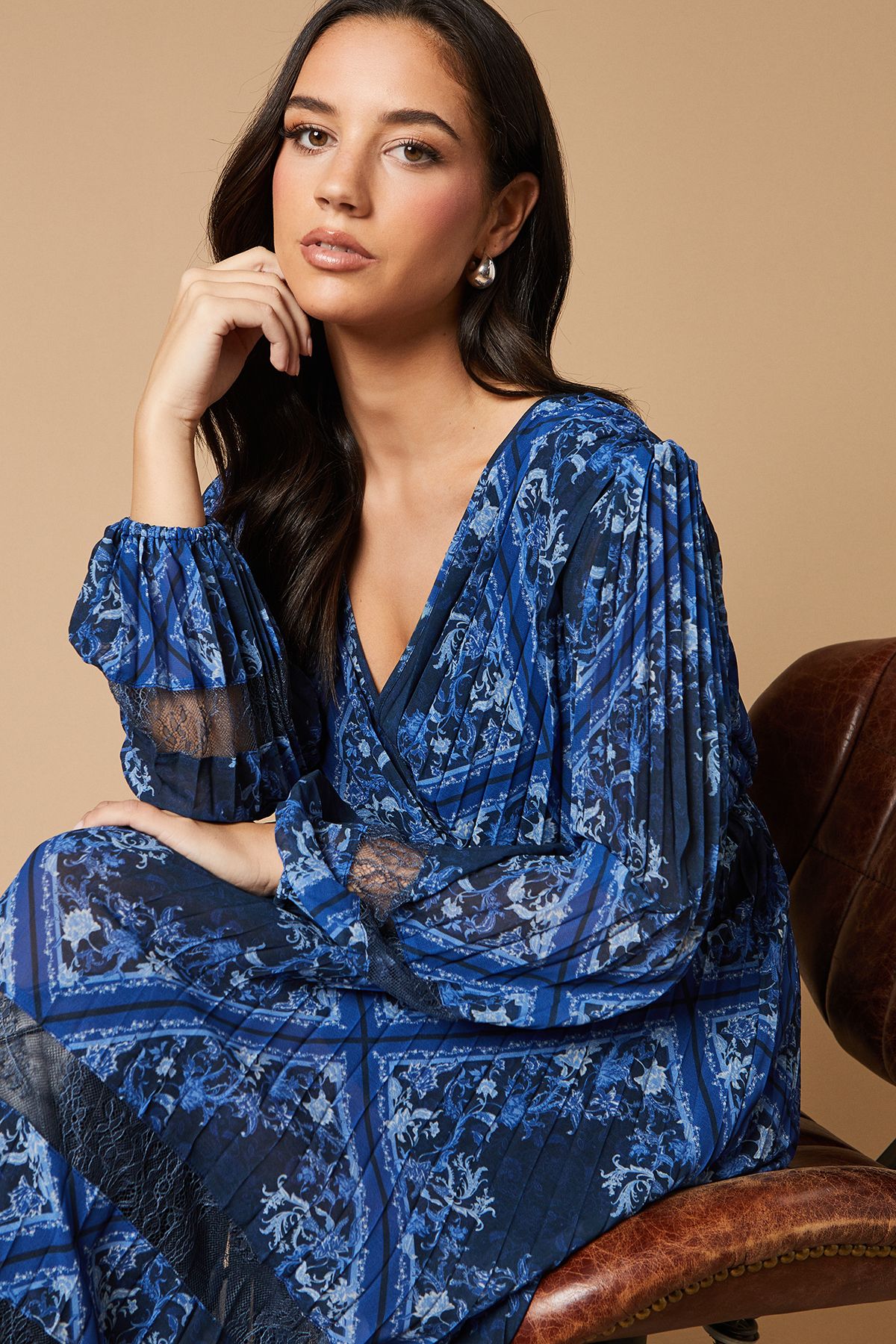 Oasis Scarf Print Pleated Lace Trim Insert Wrap Midi Dress