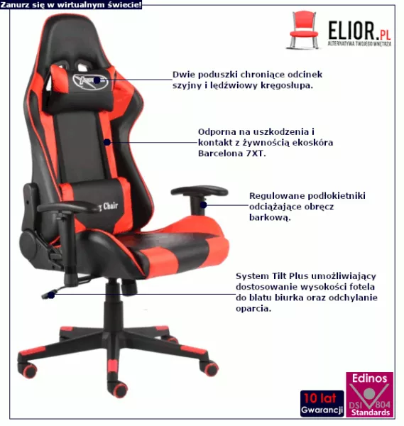 Czarno-czerwony fotel gamingowy - Zexo