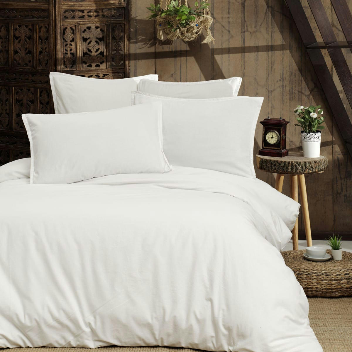 HOME WASHED - Drap housse en percale lavée bonnet 30 cm  blanc 180x200 cm