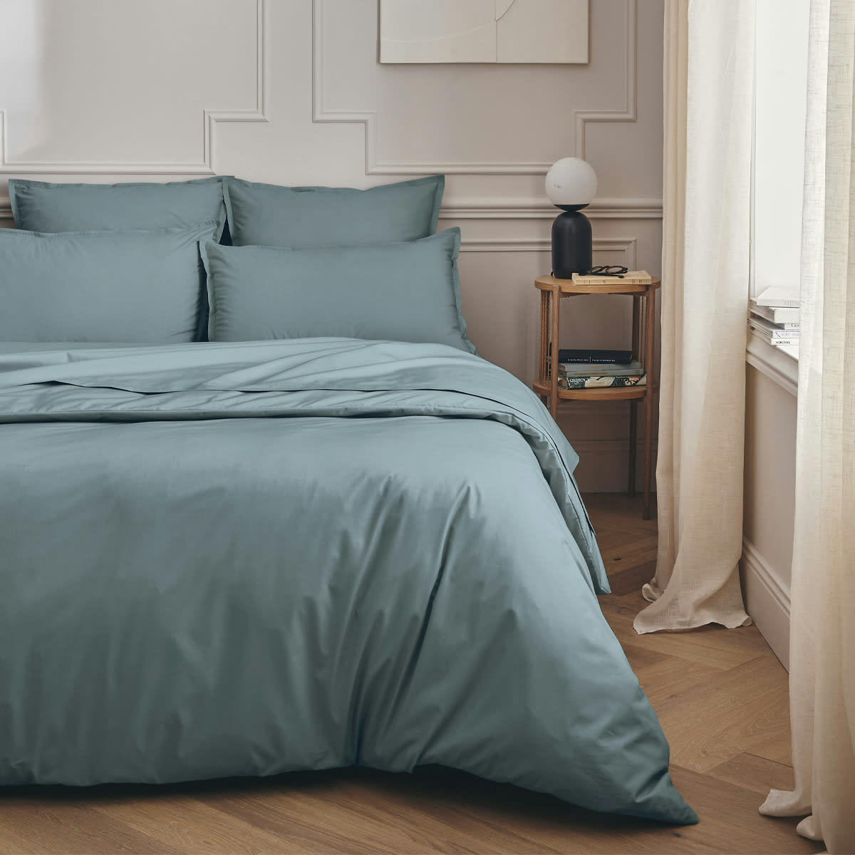 PREMIERE - Parure de lit en percale de coton bleu glacier 240x220