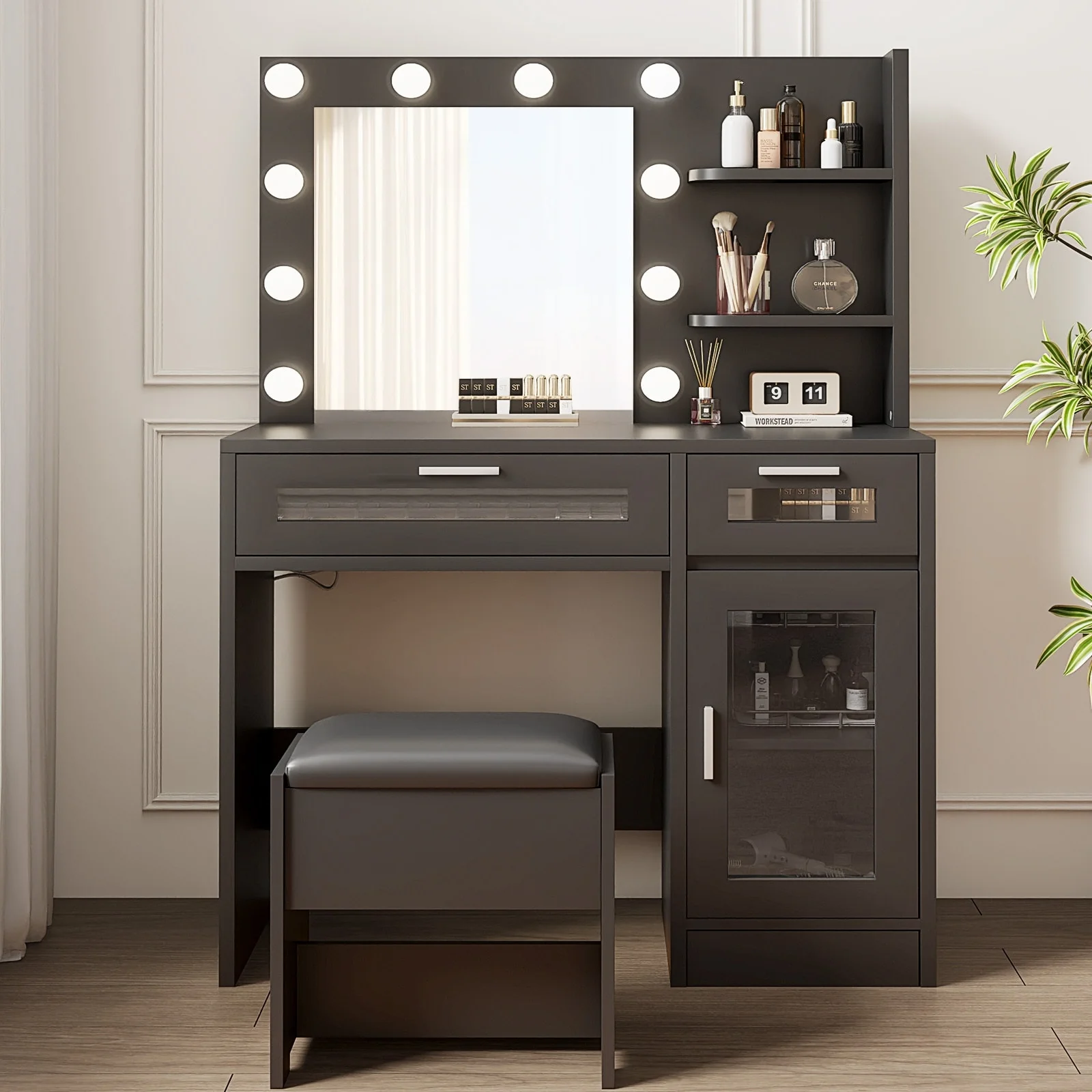 Vanity Table with LED Mirror, Glass-Top Drawers