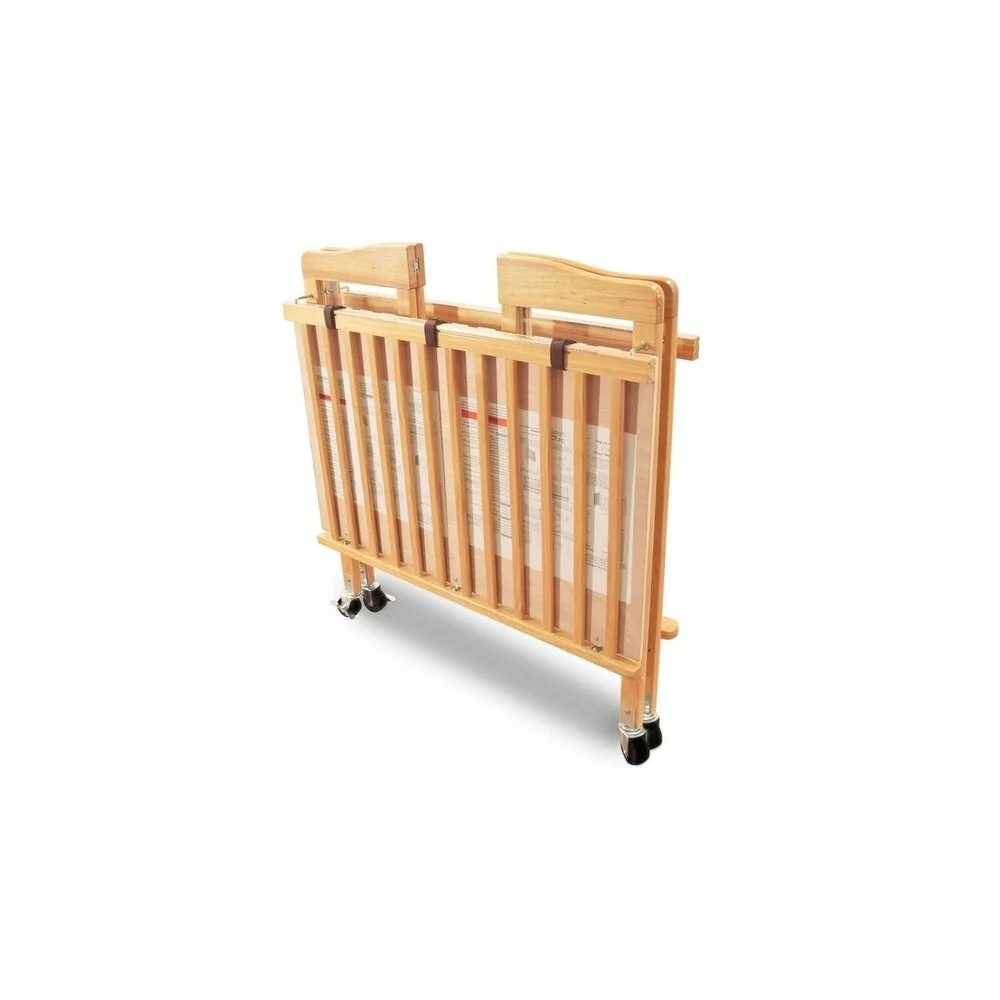 Slatted Foldable Wooden Crib with Casters Support, Natural Brown
