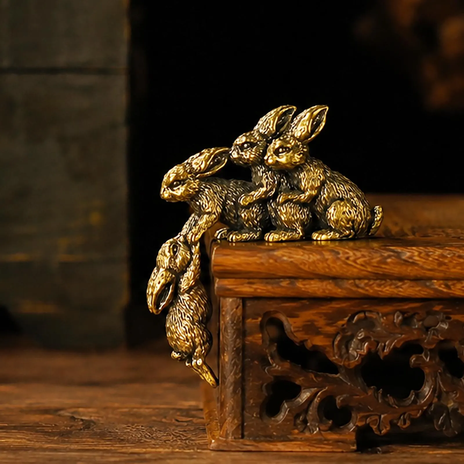Solid Brass Loving Rabbit Family Figurine Four Bunnies Desk Decor Gift
