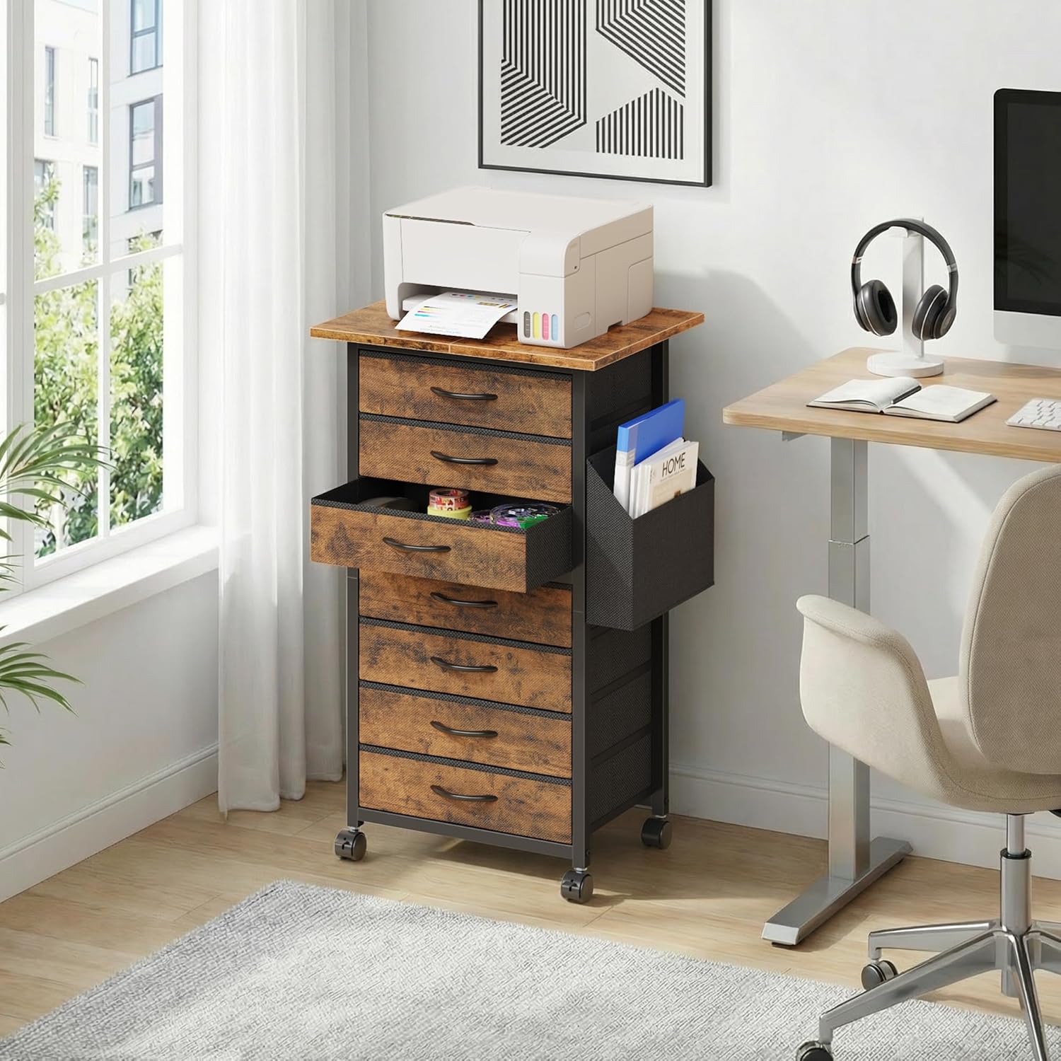 HIGDBFE 7 Fabric Drawers File Cabinet with Side Pocket, Rolling Printer Stand with Storage for Home Office, Wood Top Storage Cabinet for Documents and Crafts, Rustic Brown, 15 D
