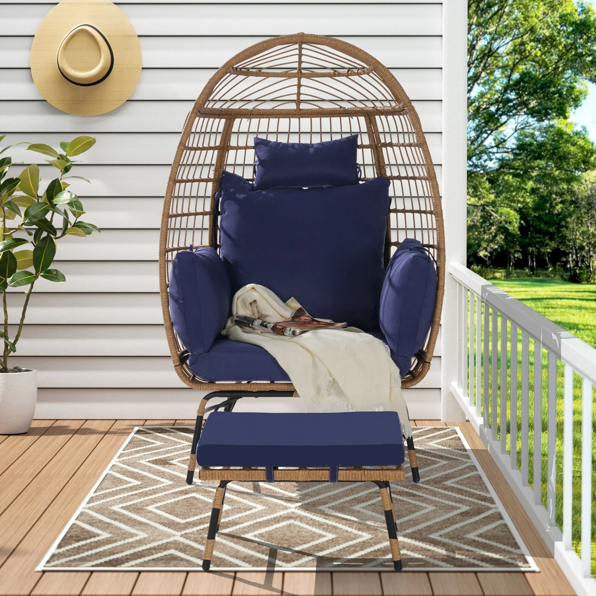 Wicker Rattan Egg Chair with Ottoman and Cushions for Porch, Backyard, Balcony