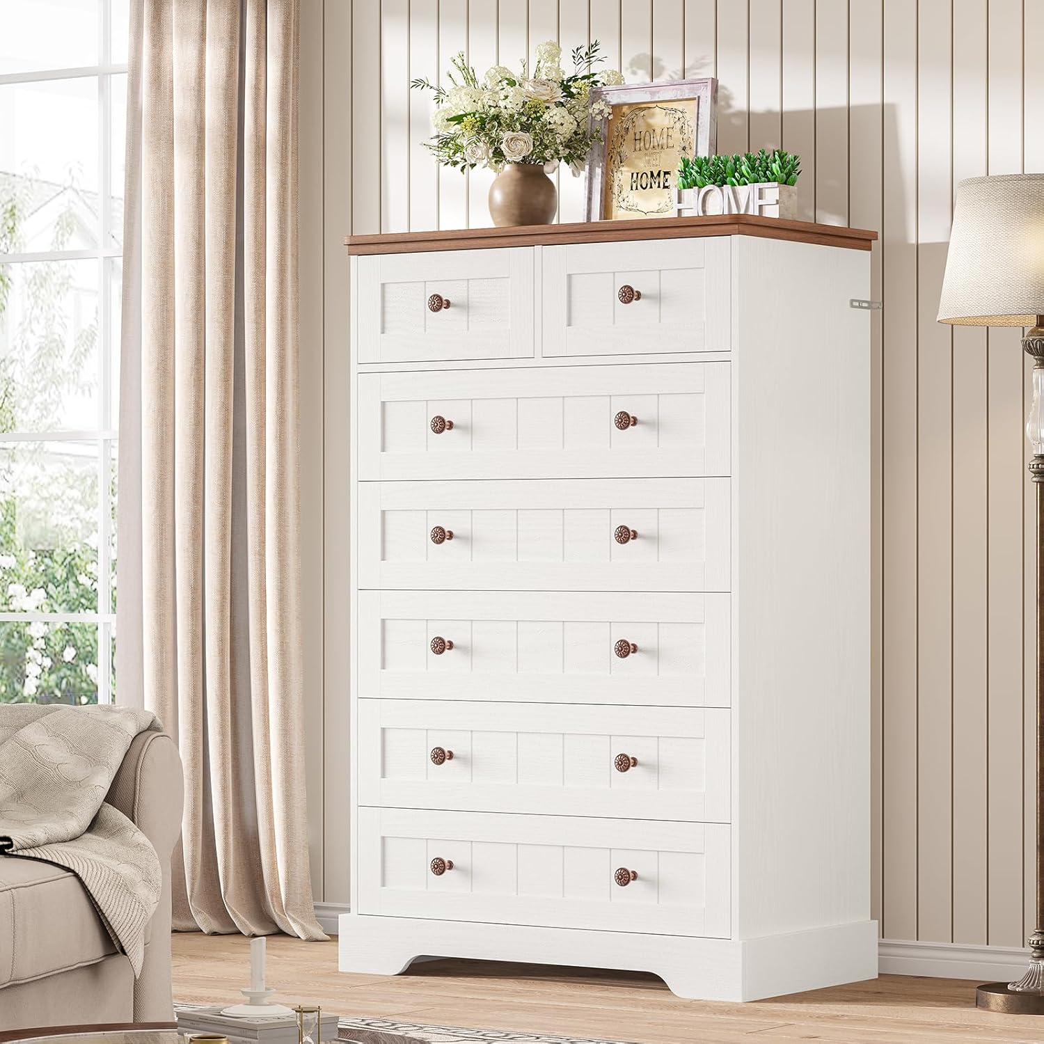 Hasuit White Dresser for Bedroom, Farmhouse 7 Drawers Dresser, 51.4Tall Dressers Chest of Drawers with Hand Carved Panel, Large Wood Closet Storage Organizers Dressers for Bedroom Living Room Hallway