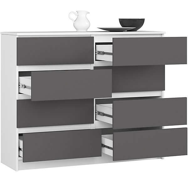 Commode AKORD K120 Blanche 120 cm 8 tiroirs façade Gris Graphite 120x40x99 cm