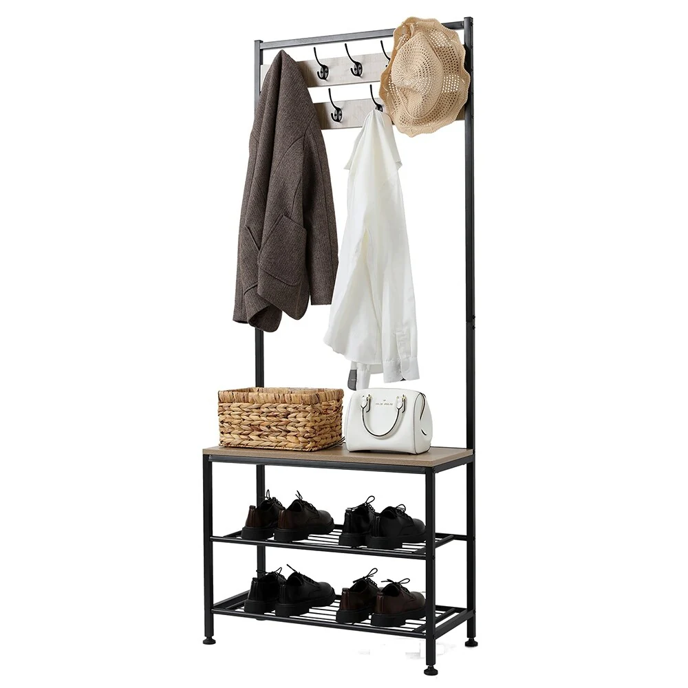 3-in-1 Hall Tree, 3-Tier Storage Shelves with 9 Hooks