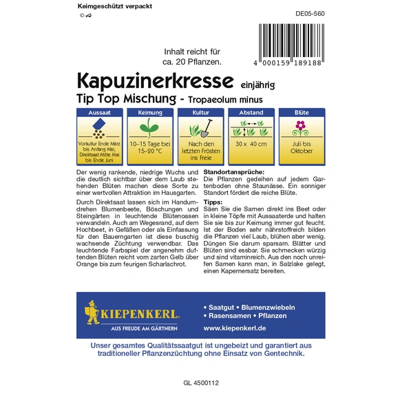 Kapuzinerkresse, Tropaeolum, minus, mehrfarbig, Inhalt reicht für 20 Stk