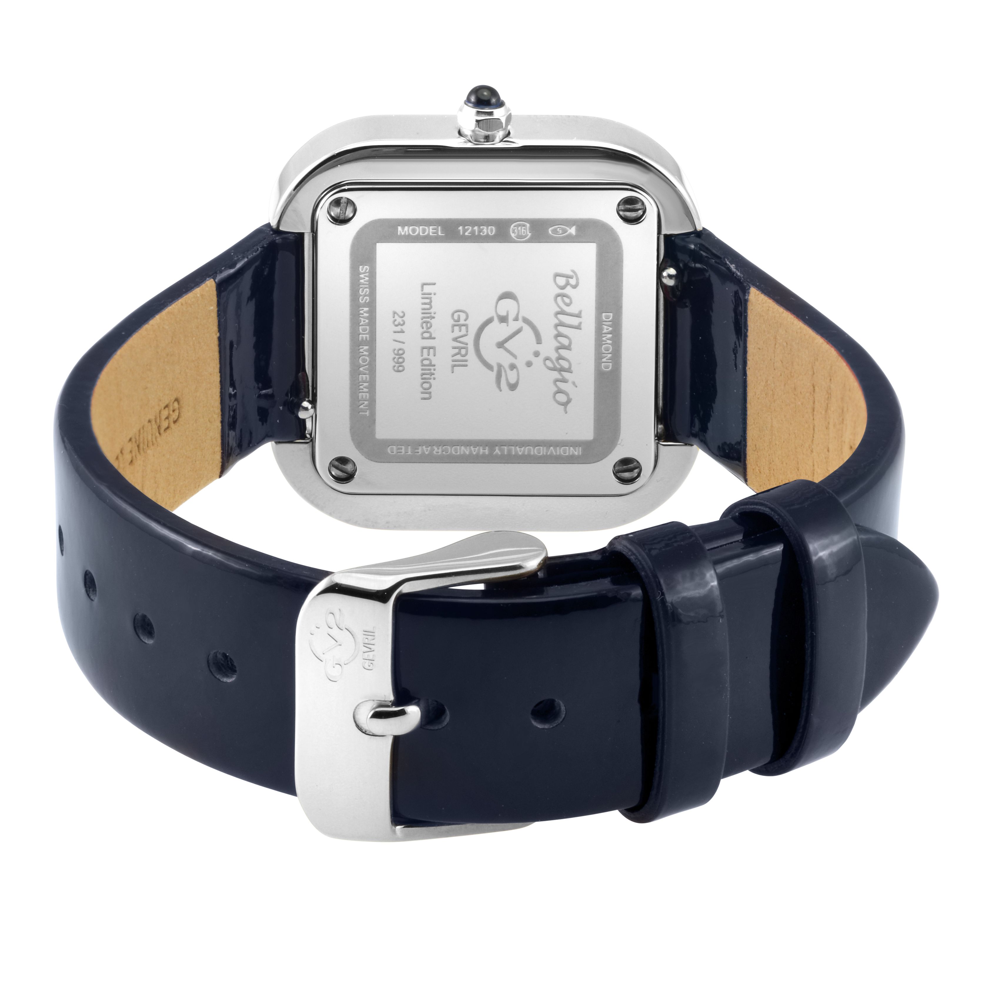 GV2 Bellagio Swiss Made Diamond Watch Silver-White Dial Genuine Dark Blue Handmade Leather 30 MM