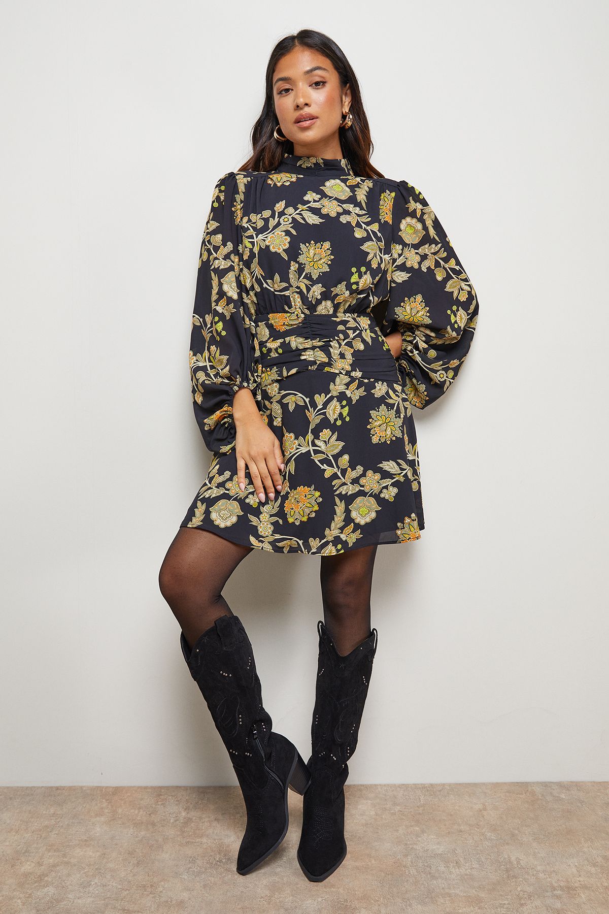 Oasis Petite High Neck Gathered Waist Balloon Sleeve Mini Dress