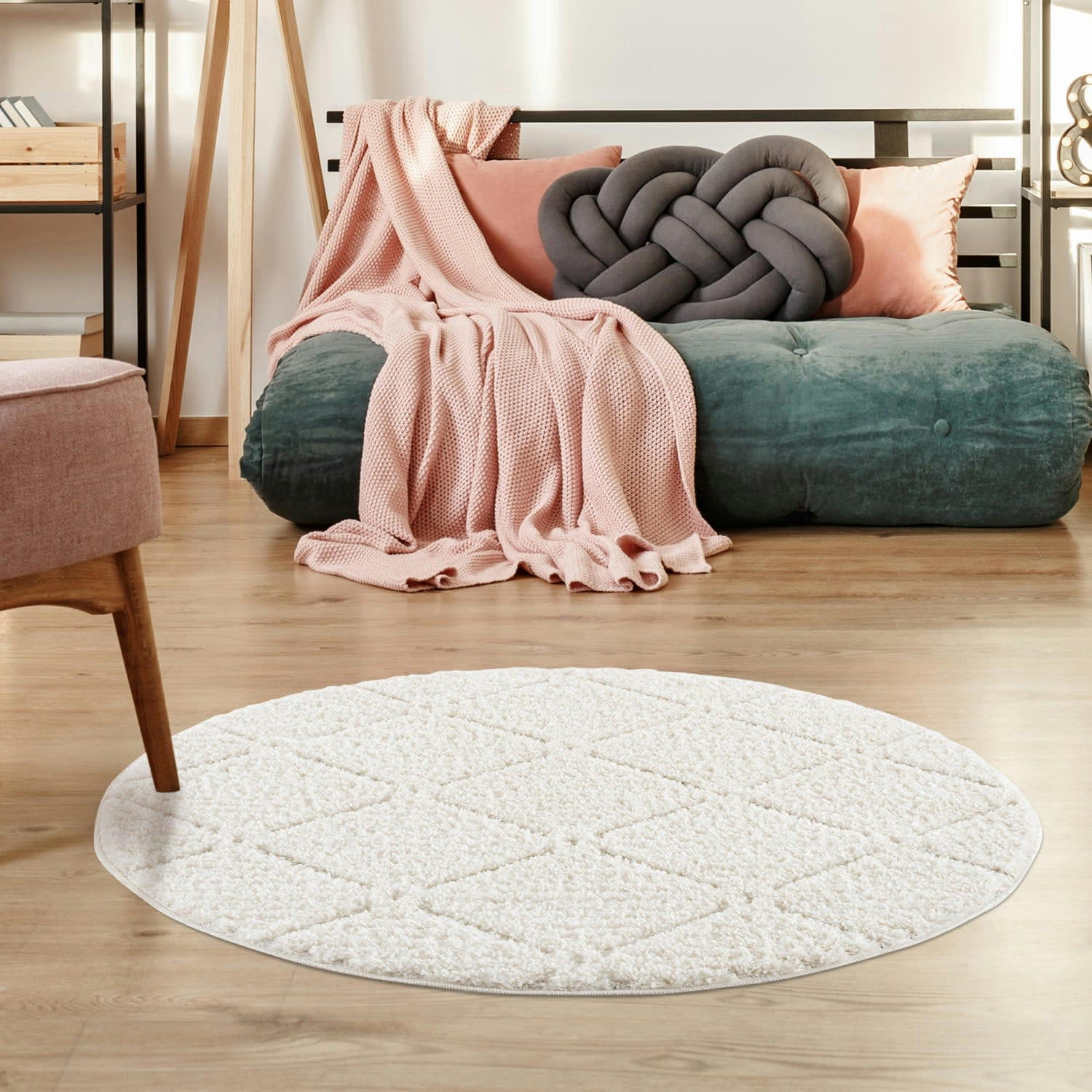 BÖHMEN - Tapis rond à poils longs et relief crème 160x160cm