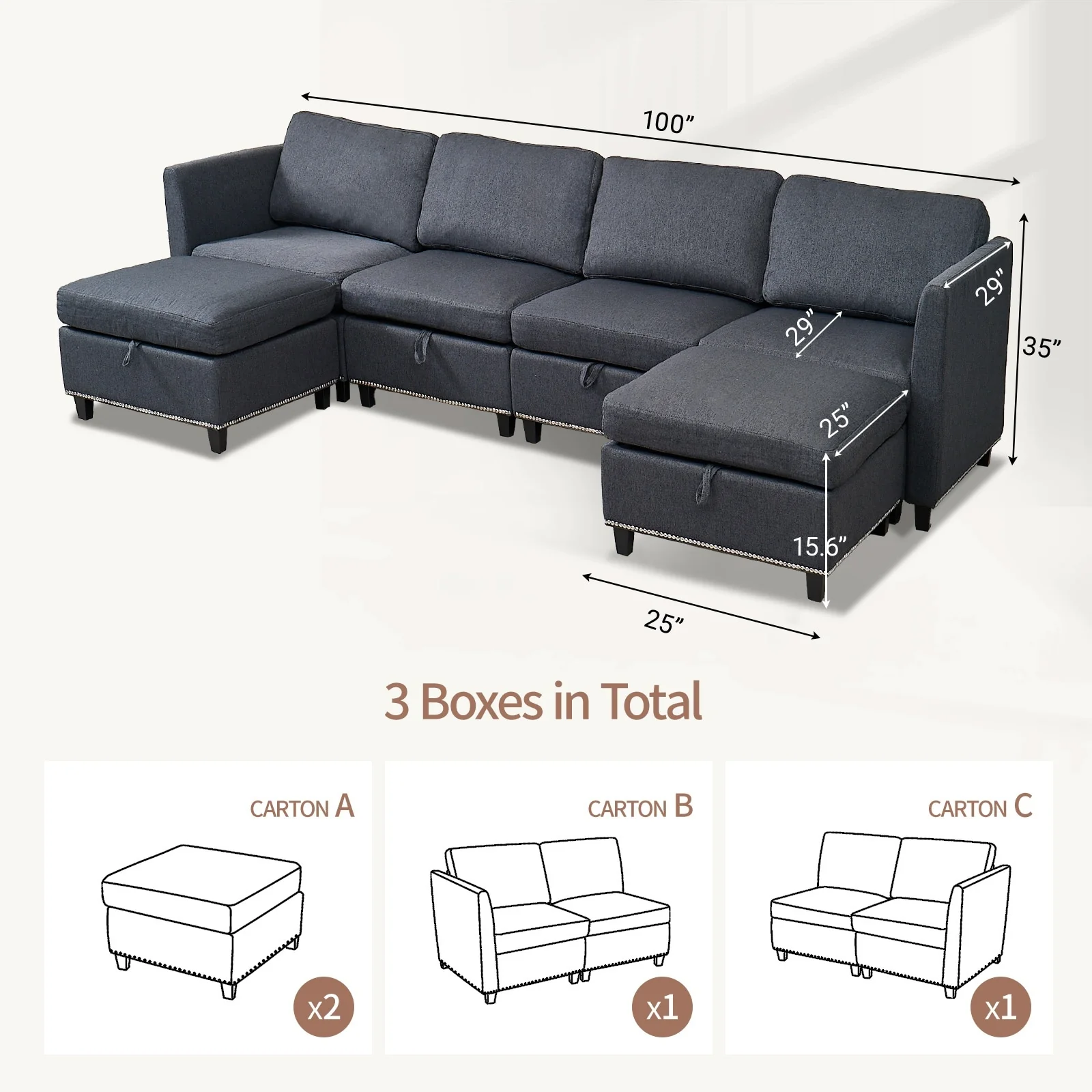 100'' U-Shaped 6 Seat Convertible Sectional Sofa Couch with Storage, Reversible Chaise, Comfortable Cushions