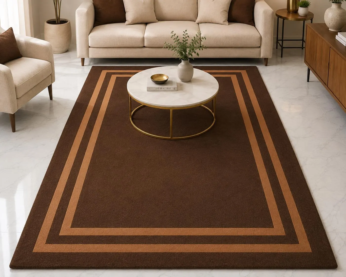 Modern Brown Area Rug, Hand Tufted Wool Carpet, Geometric Border, Living Room Bedroom Decor