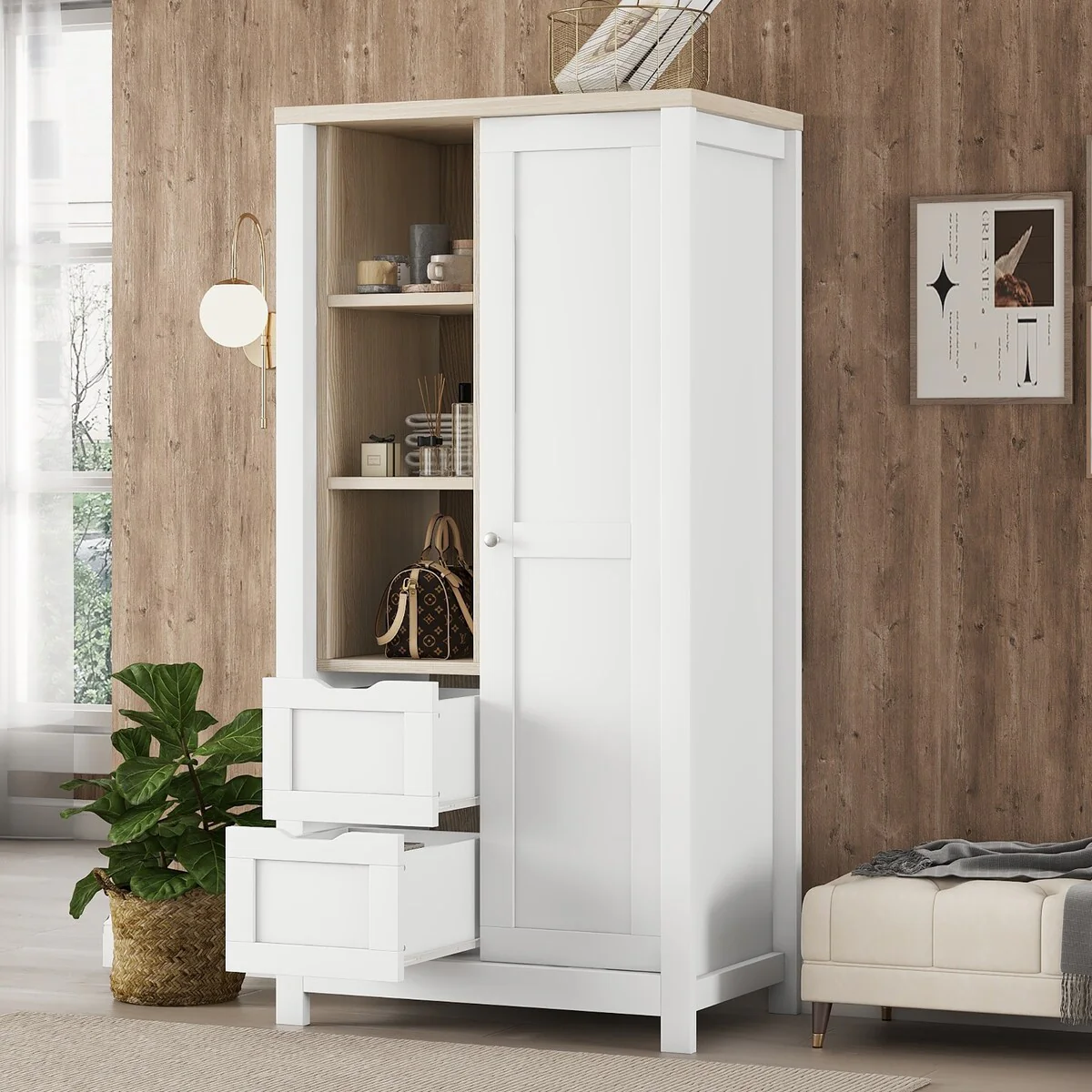 Modern Storage Wardrobe with Hanging Rods and 2 Drawers for Bedroom