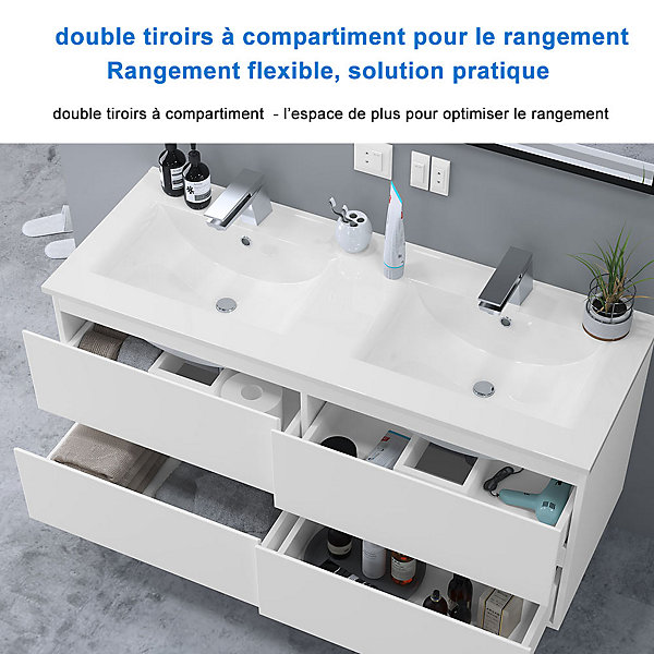 Meuble double vasque, 4tiroirs l.120 x W.46 x H.52 cm,Blanc,avec lavabo et 2x miroir encadré