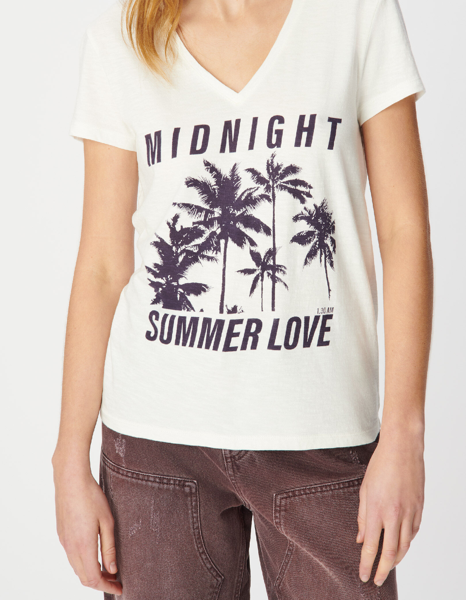 Tee-shirt col V blanc visuel palmiers Femme
