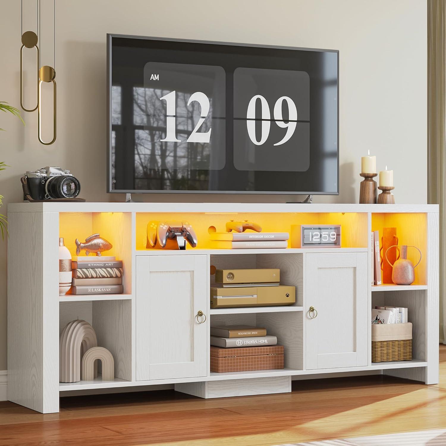 LIKIMIO TV Stand for TVs 80 inch with LED Lights & Power Outlet, Entertainment Center with Cabinets, Adjustable Shelves and Open Shelves, Modern Media TV Console Living Room, White