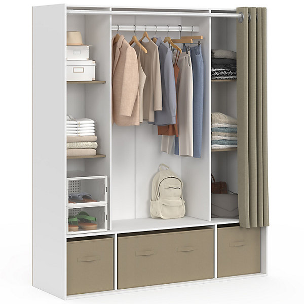 Dressing double penderie DIANE 140 x 45 x 167 cm blanc avec étagères   boites de rangement   rideau taupe