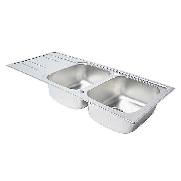 Evier à encastrer en inox microstructuré 2 bacs et égouttoir l. 50 x H. 19 x P. 19 cm GoodHome Lucerne