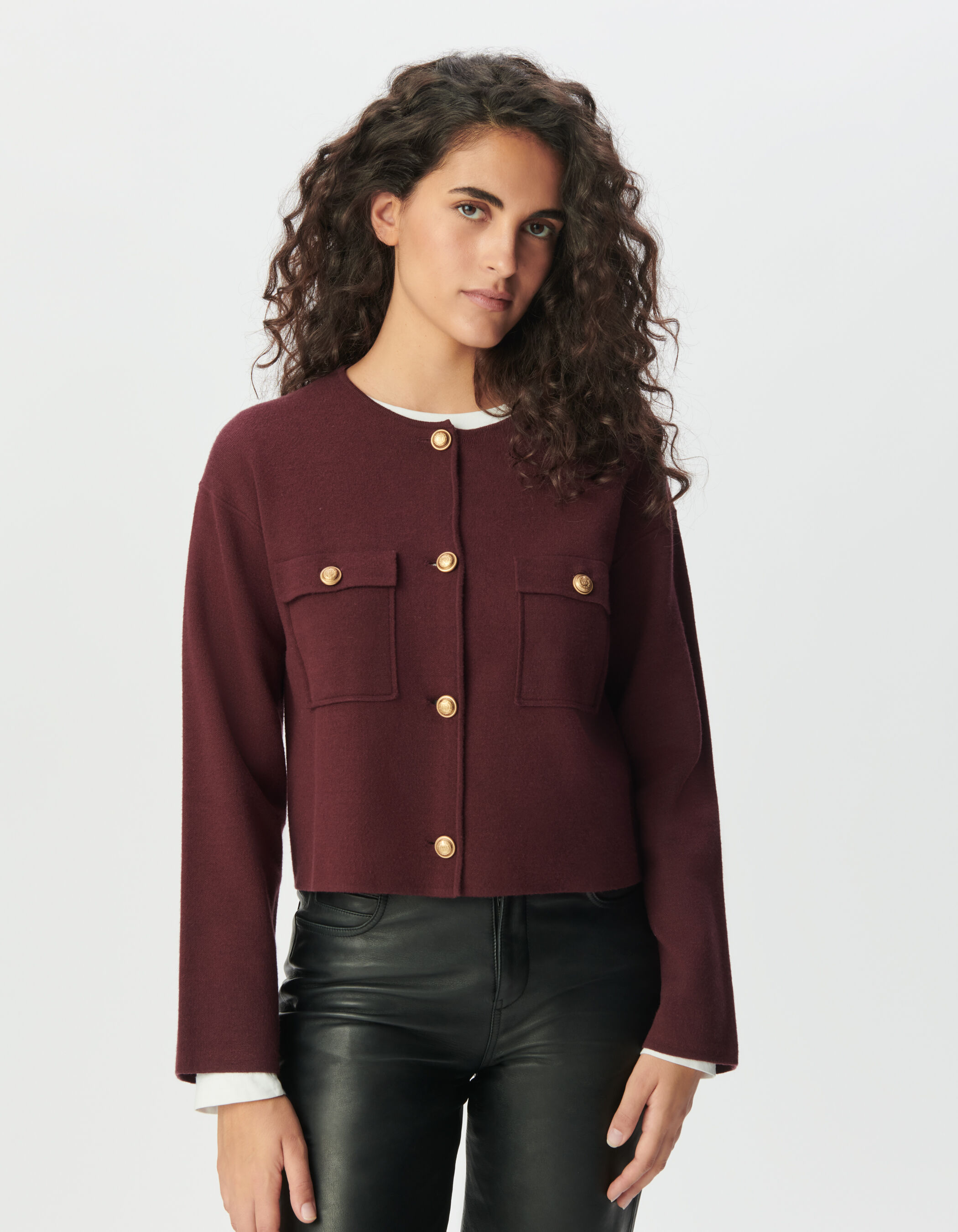 Cardigan court blanc tricot poches plaquées Femme