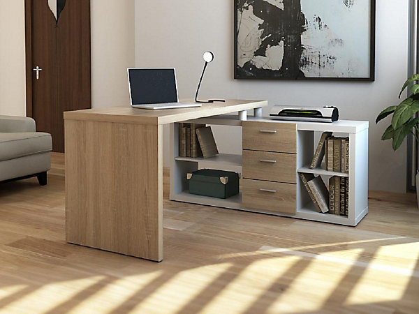 Bureau d'angle avec rangements ALDRIC III - Blanc &Chêne