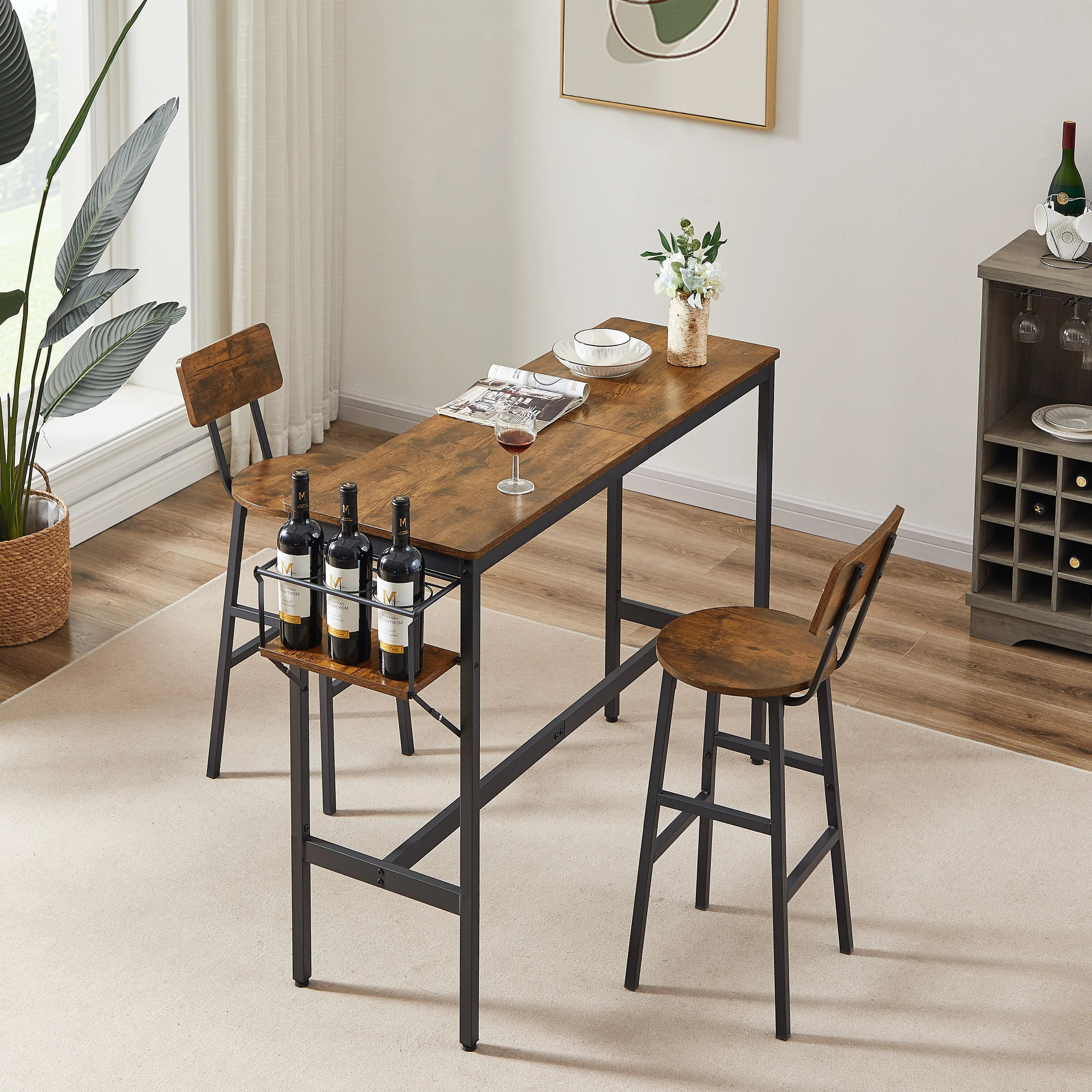 3-Piece Bar Dining Table Set with Wine Bottle Storage Rack