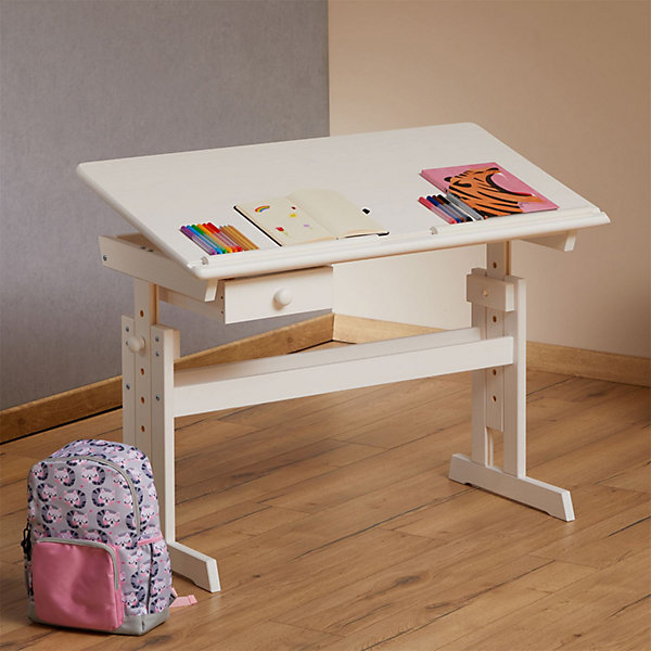 Bureau enfant FLEXI, en pin massif, réglable en hauteur et plateau inclinable, lasuré blanc