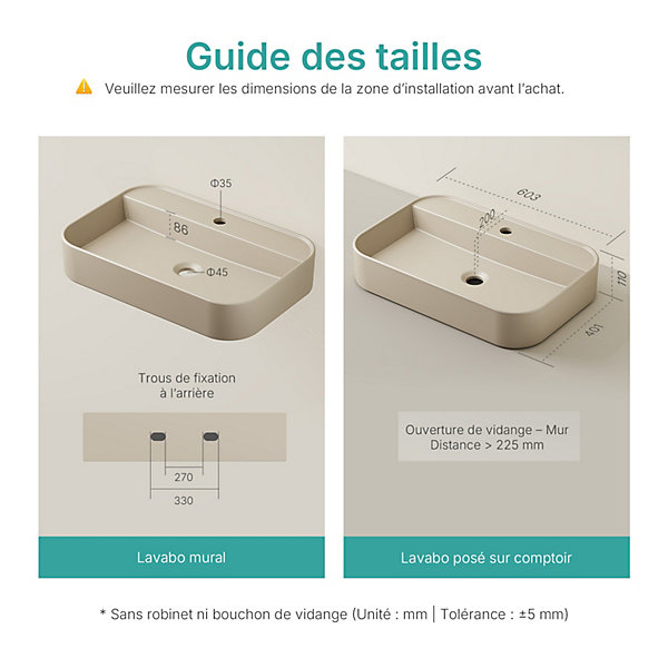 EMKE Vasque à Poser 40 x 60 x 11 cm, Lavabo Rectangulaire en Céramique pour Salle de Bain, Coins Arrondis R, Beige Mat