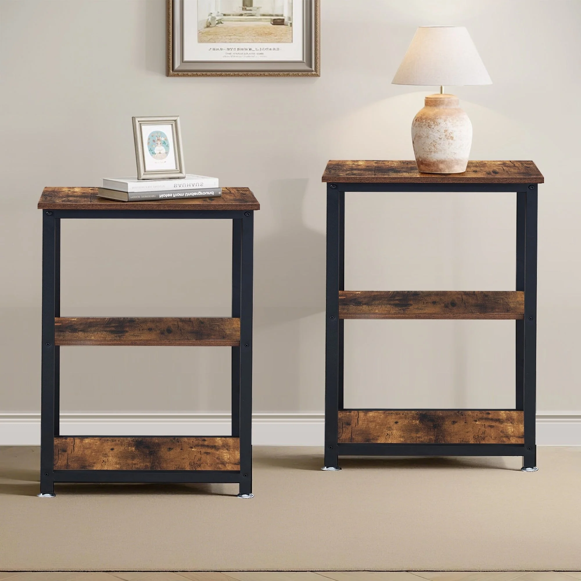 VECELO 3-Tier Nightstands Set of 2 with Open Storage Shelves